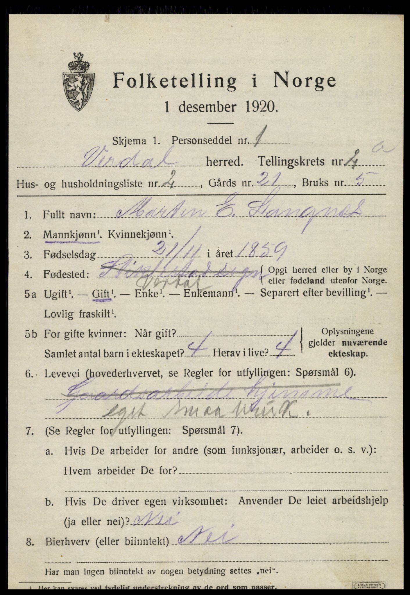 SAT, 1920 census for Verdal, 1920, p. 3731