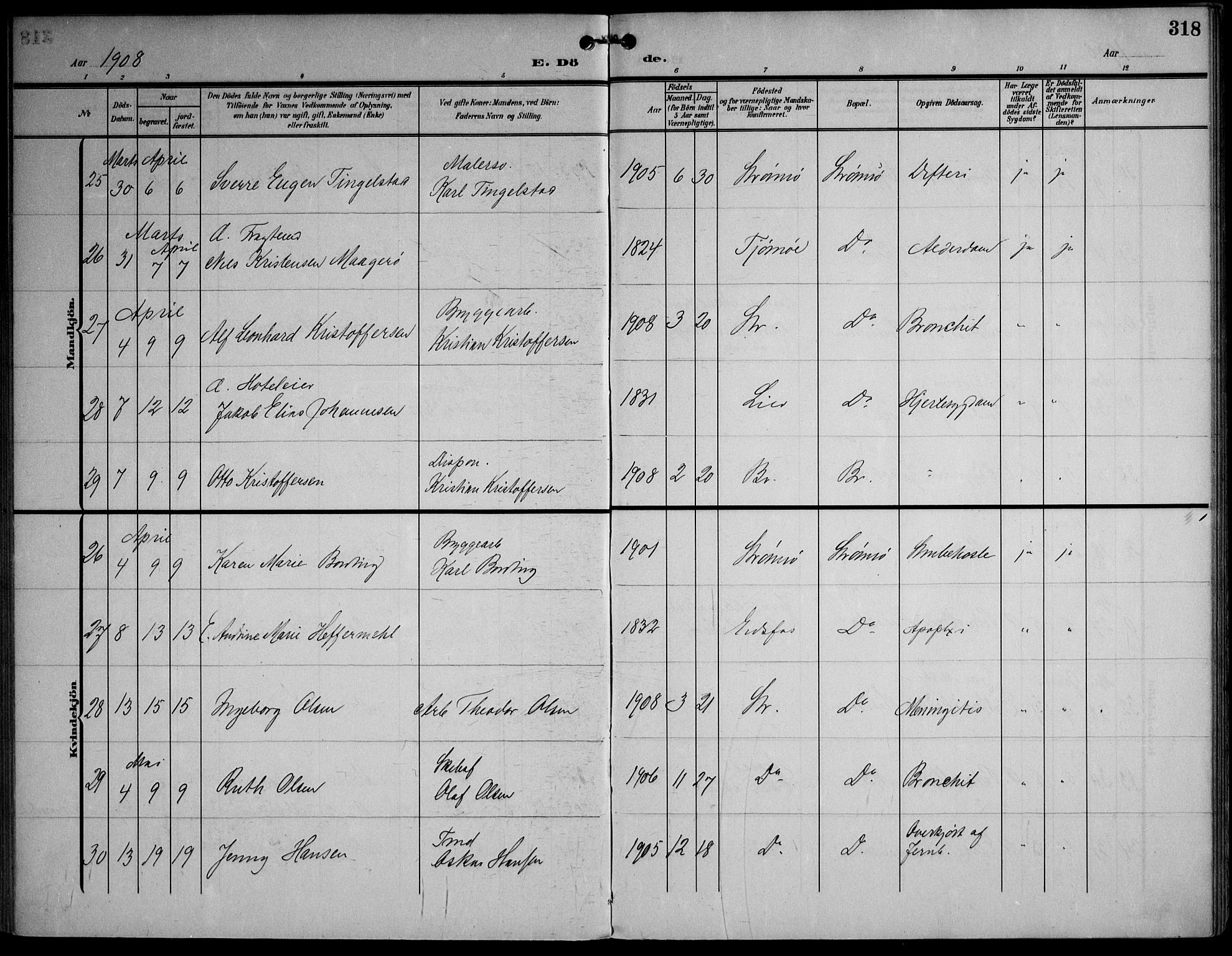 Strømsø kirkebøker, AV/SAKO-A-246/F/Fa/L0026: Parish register (official) no. I 26, 1905-1914, p. 318