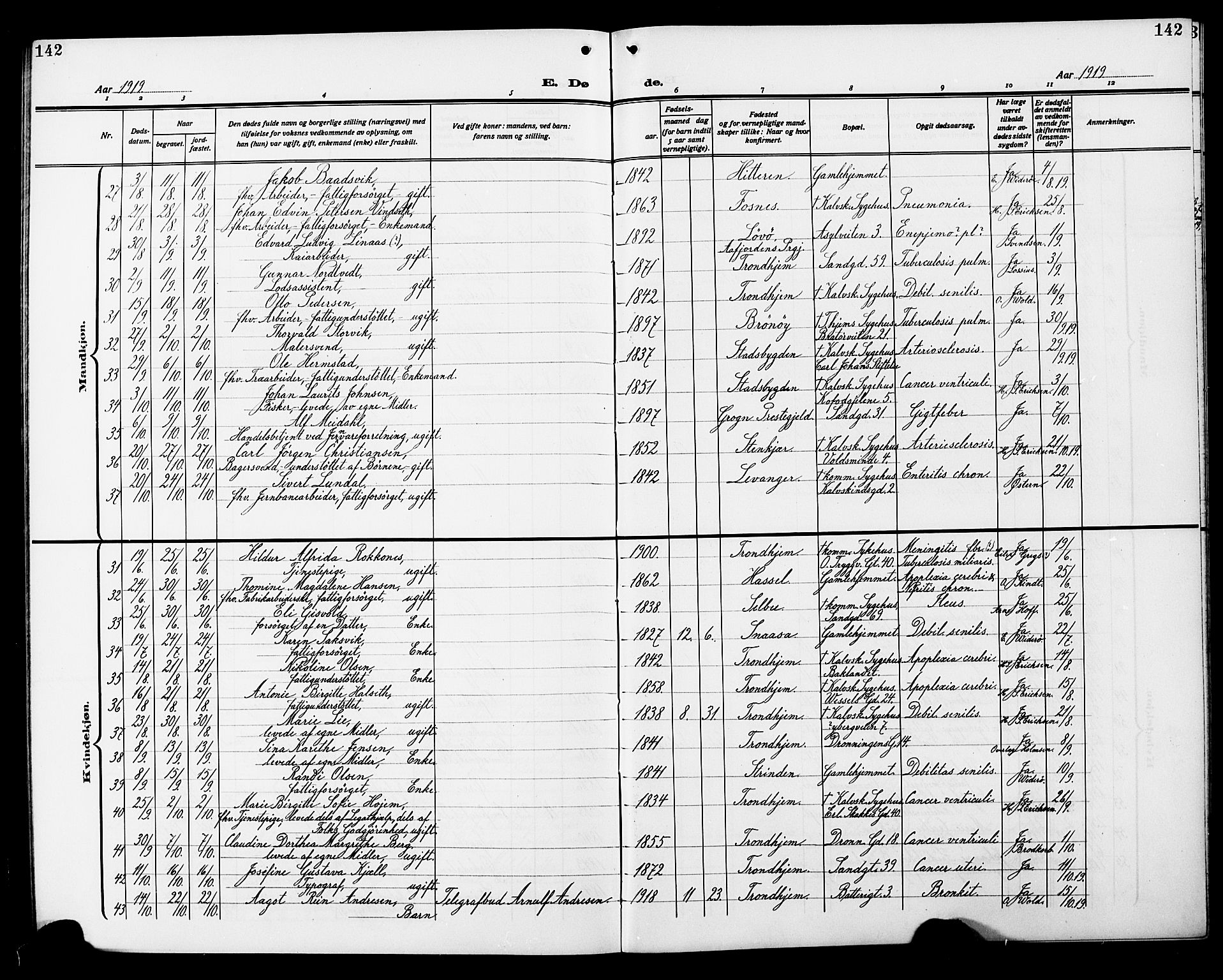 Ministerialprotokoller, klokkerbøker og fødselsregistre - Sør-Trøndelag, AV/SAT-A-1456/602/L0147: Parish register (copy) no. 602C15, 1911-1924, p. 142