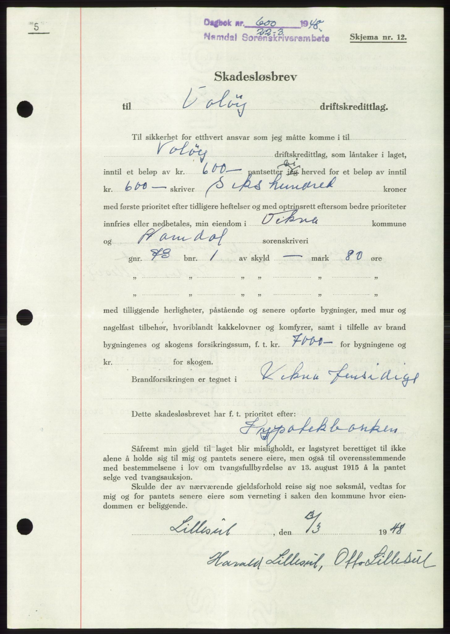 Namdal sorenskriveri, SAT/A-4133/1/2/2C: Mortgage book no. -, 1947-1948, Diary no: : 600/1948