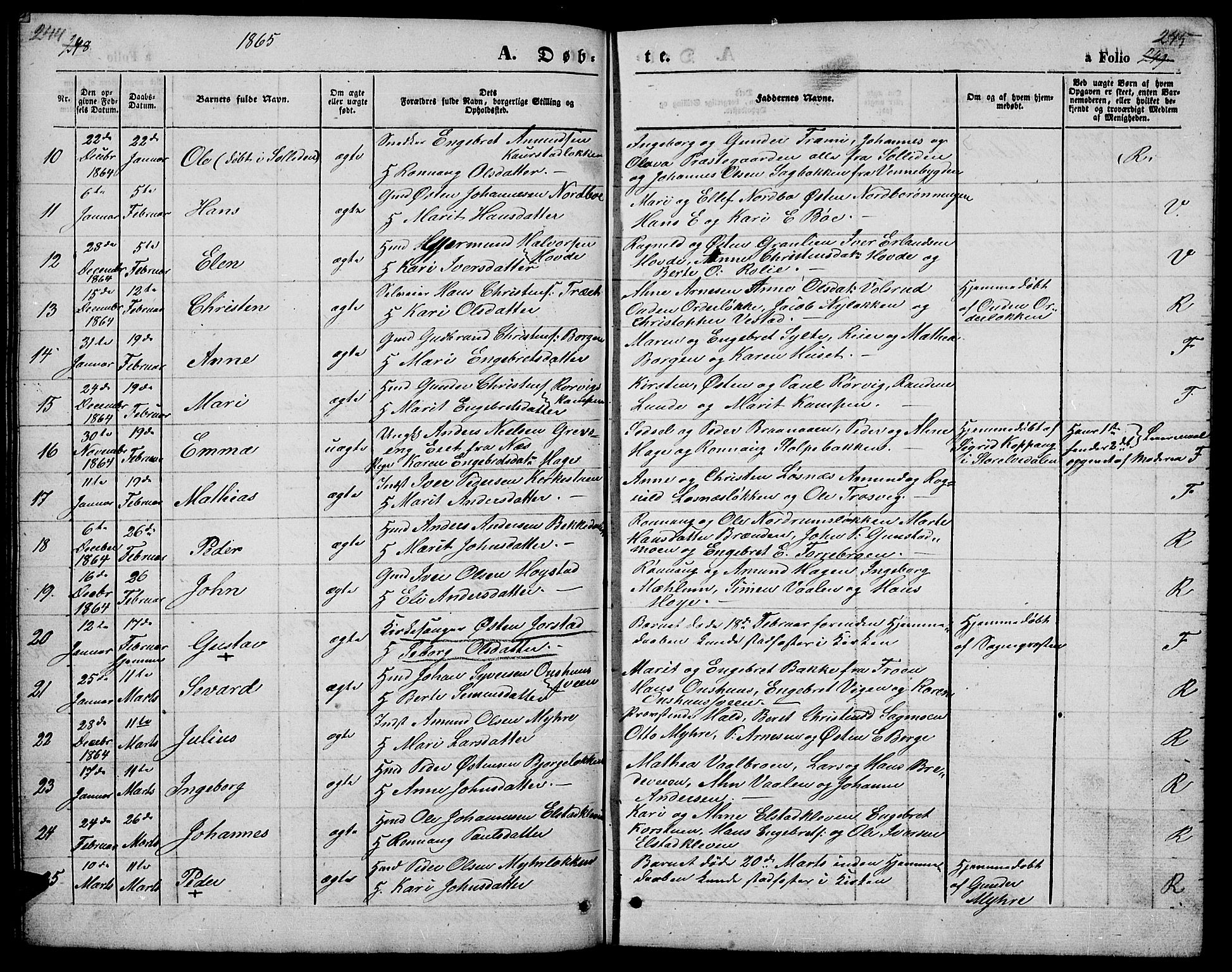 Ringebu prestekontor, SAH/PREST-082/H/Ha/Hab/L0003: Parish register (copy) no. 3, 1854-1866, p. 244-245