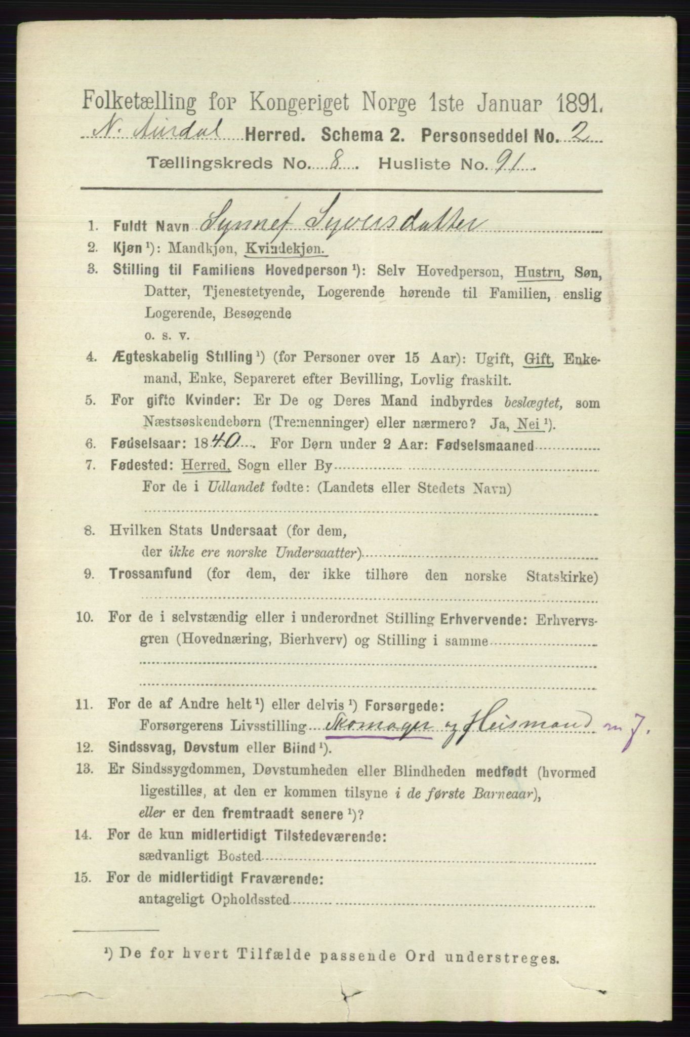 RA, 1891 census for 0542 Nord-Aurdal, 1891, p. 3362