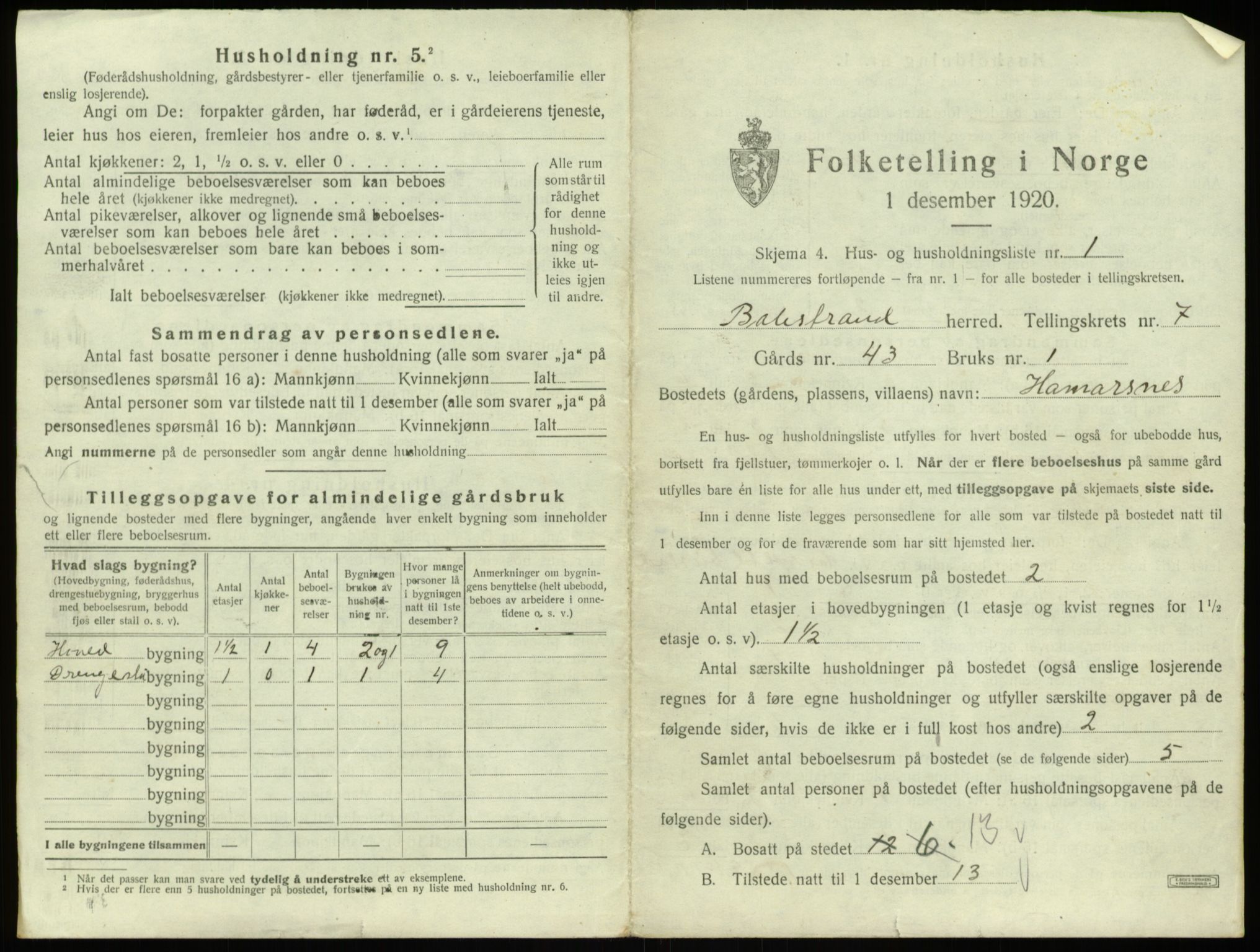 SAB, 1920 census for Balestrand, 1920, p. 421