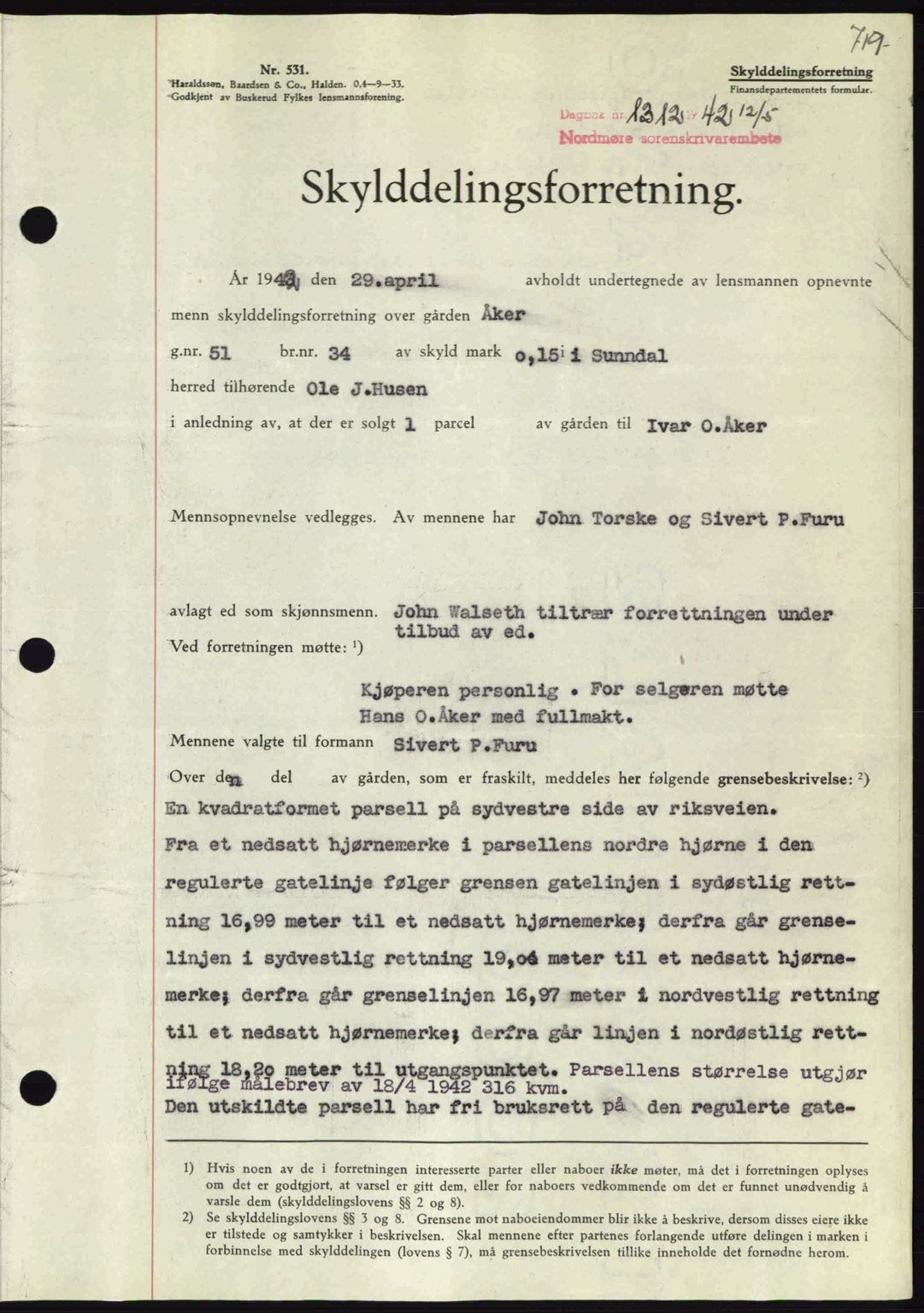 Nordmøre sorenskriveri, AV/SAT-A-4132/1/2/2Ca: Mortgage book no. A92, 1942-1942, Diary no: : 1312/1942