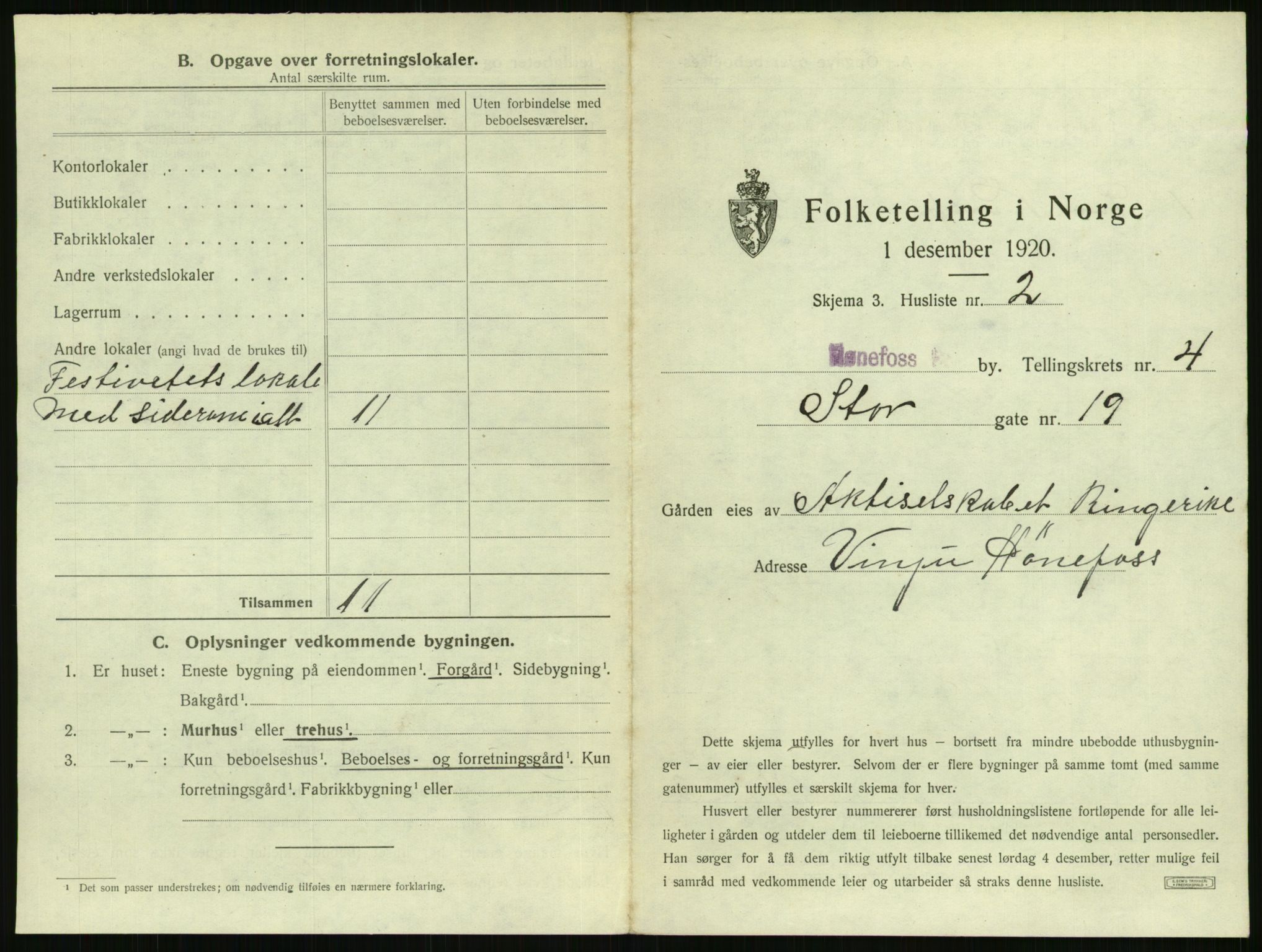 SAKO, 1920 census for Hønefoss, 1920, p. 462