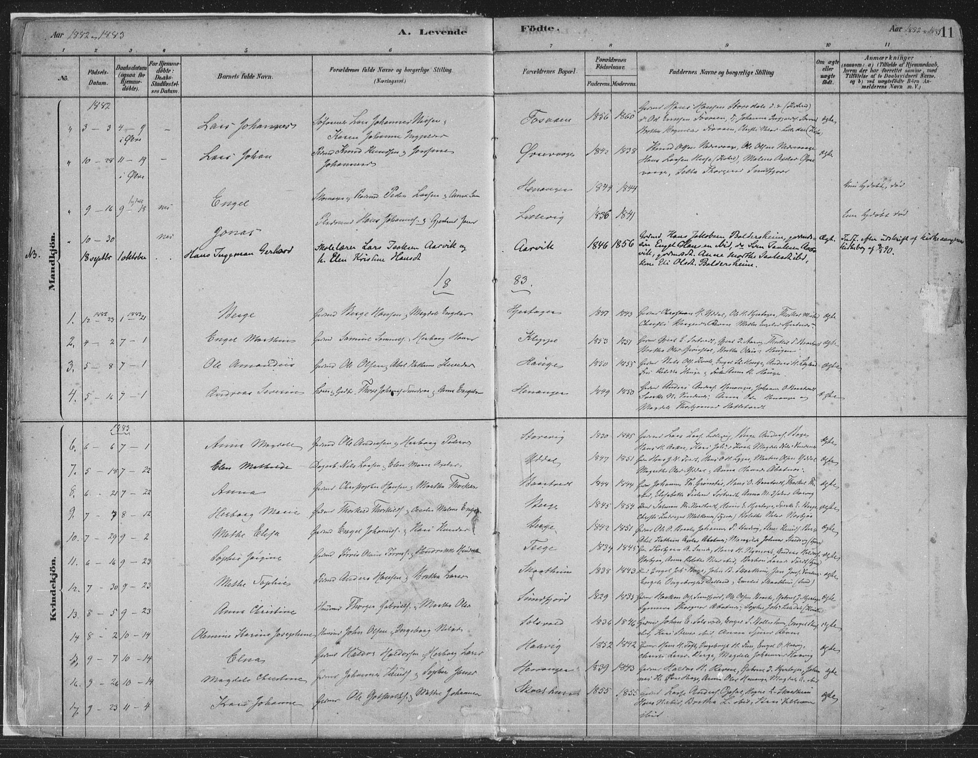 Fusa sokneprestembete, SAB/A-75401/H/Haa: Parish register (official) no. D 1, 1880-1938, p. 11