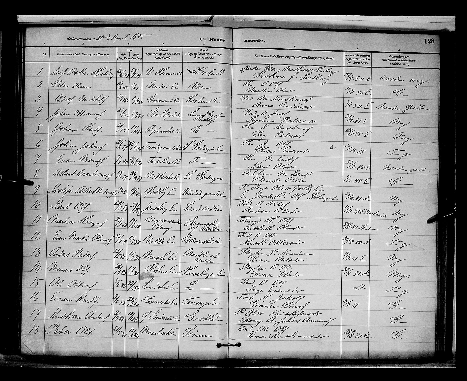 Stange prestekontor, SAH/PREST-002/L/L0009: Parish register (copy) no. 9, 1883-1899, p. 128