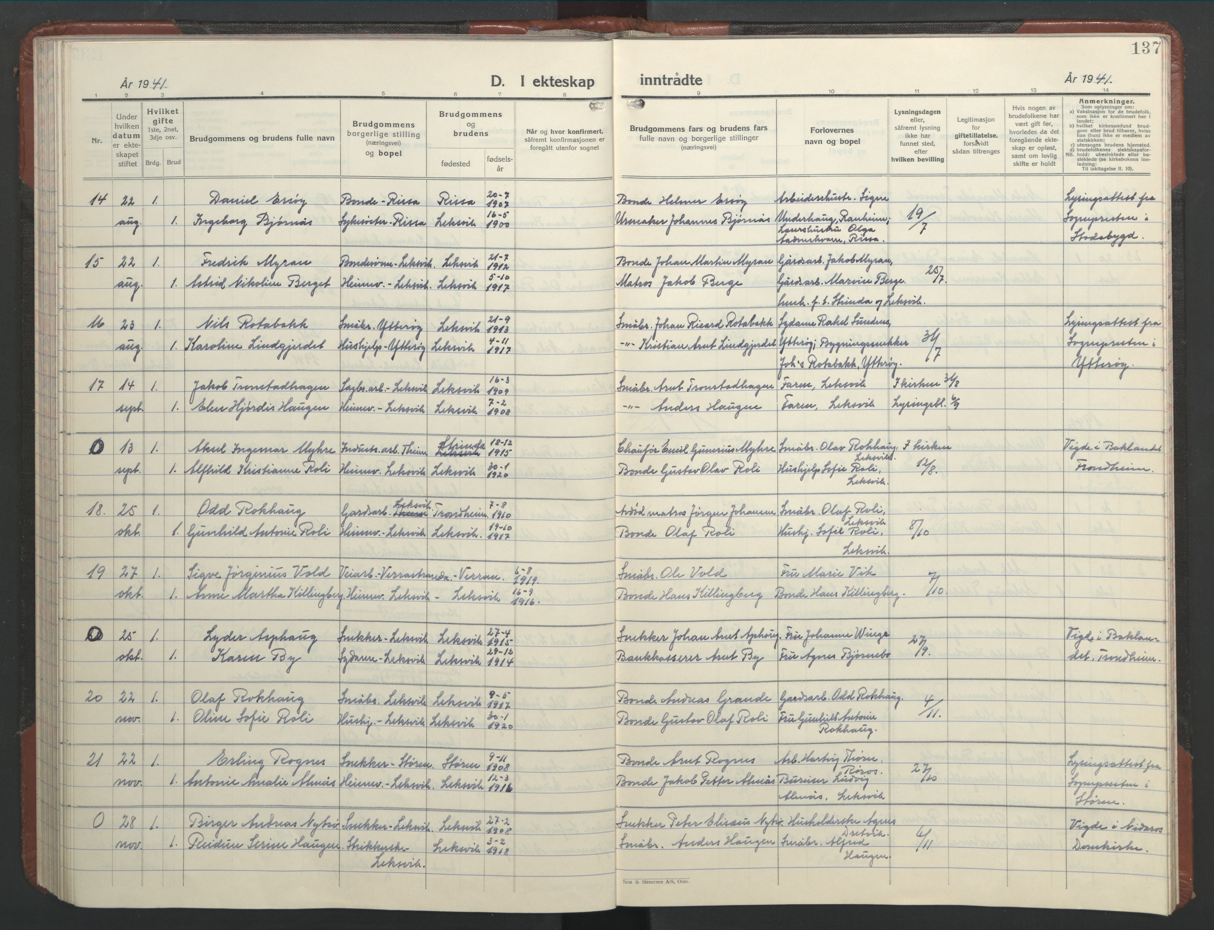 Ministerialprotokoller, klokkerbøker og fødselsregistre - Nord-Trøndelag, SAT/A-1458/701/L0019: Parish register (copy) no. 701C03, 1930-1953, p. 137