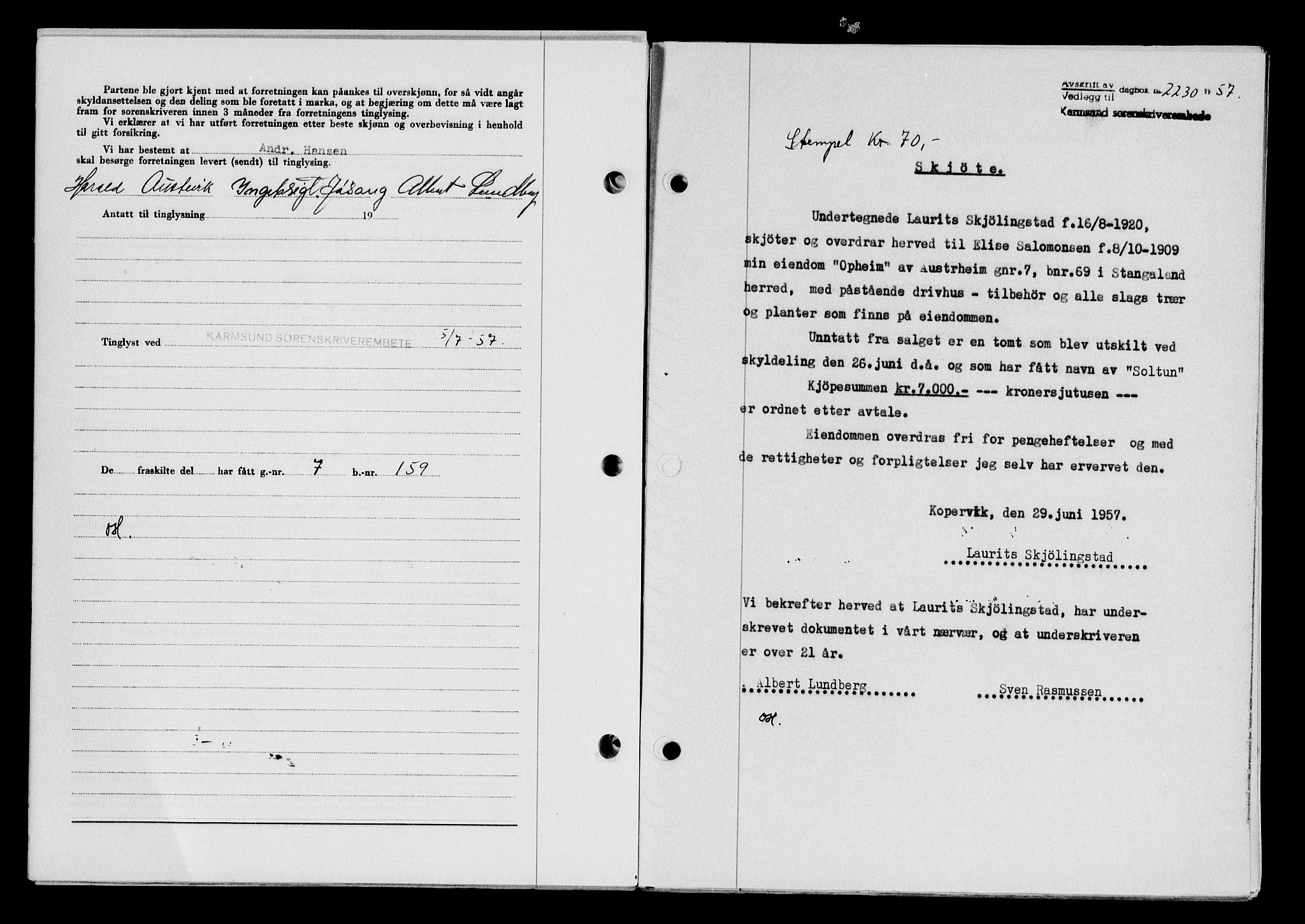 Karmsund sorenskriveri, SAST/A-100311/01/II/IIB/L0125: Mortgage book no. 105A, 1957-1957, Diary no: : 2230/1957