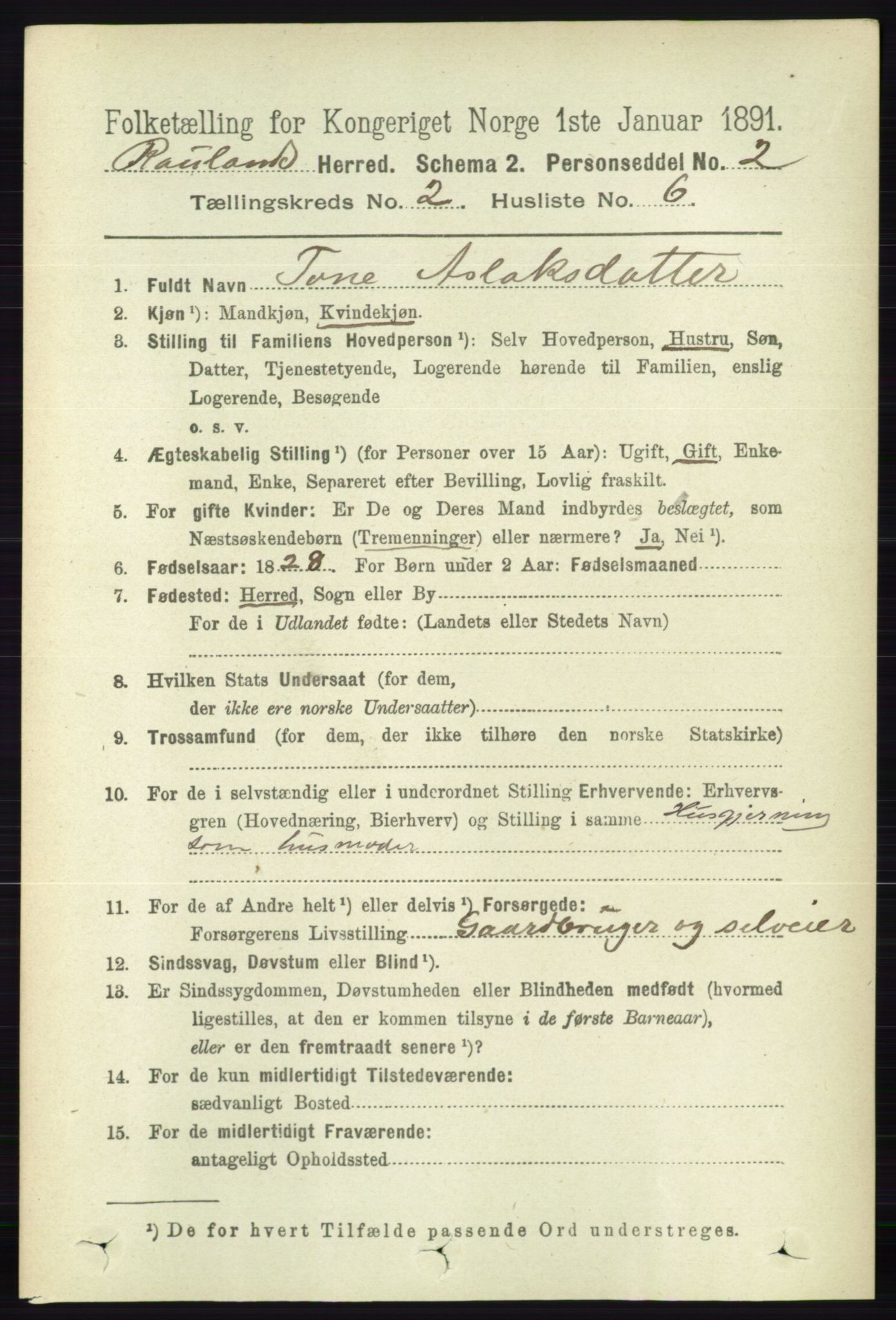 RA, 1891 census for 0835 Rauland, 1891, p. 283