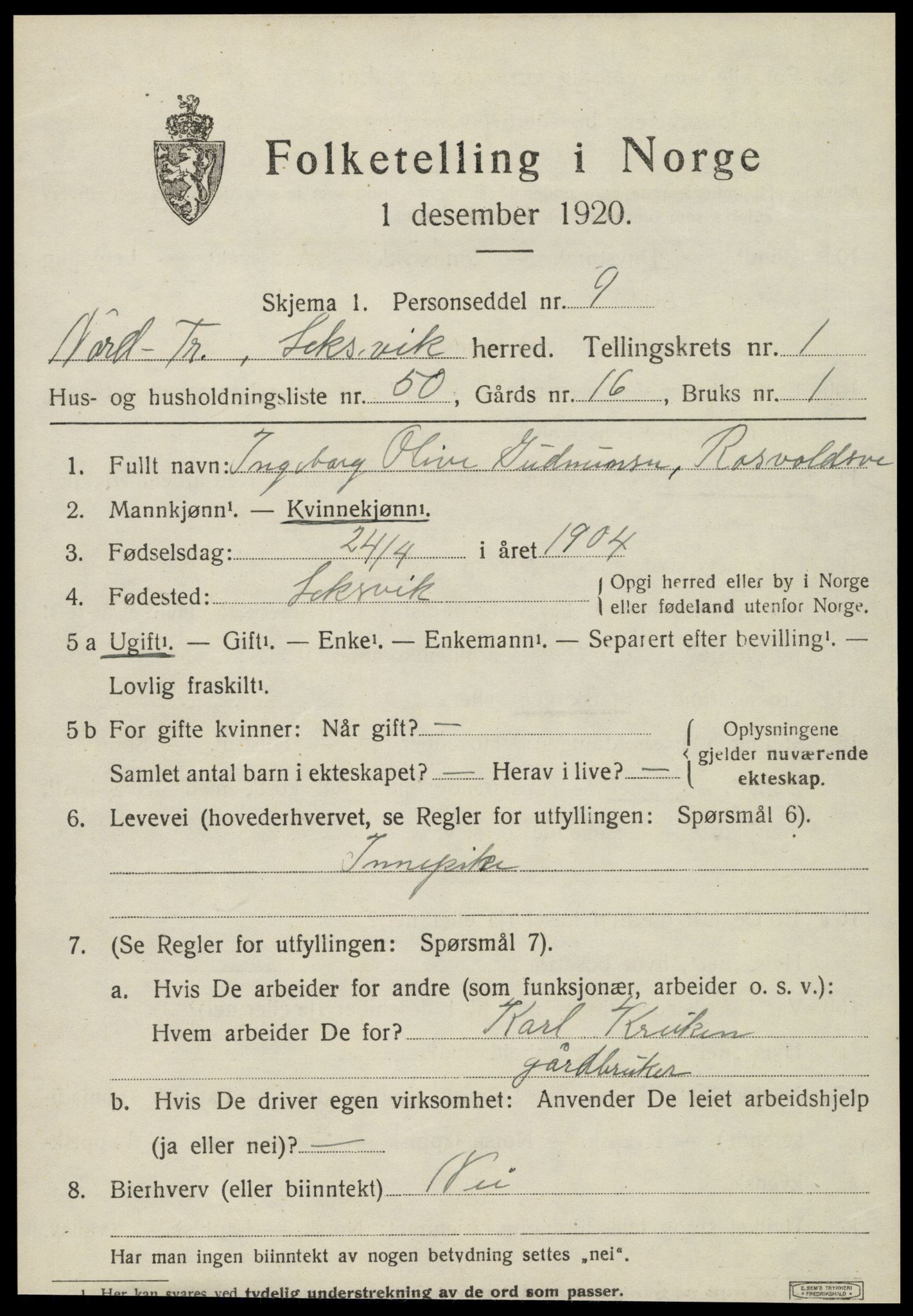 SAT, 1920 census for Leksvik, 1920, p. 1814