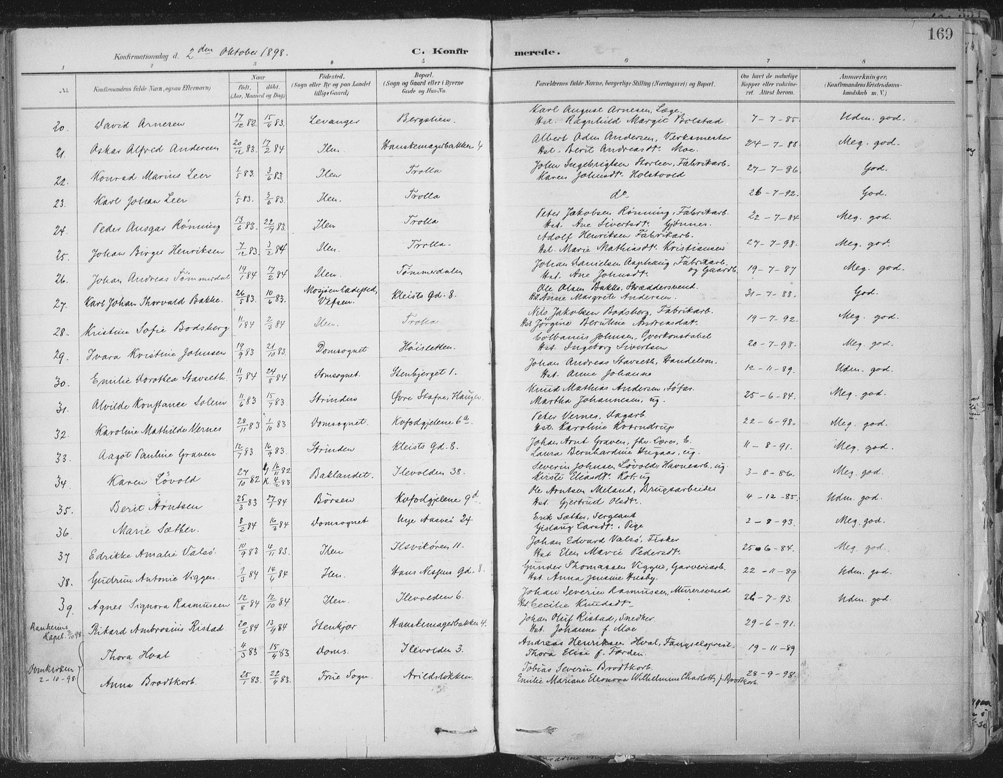Ministerialprotokoller, klokkerbøker og fødselsregistre - Sør-Trøndelag, SAT/A-1456/603/L0167: Parish register (official) no. 603A06, 1896-1932, p. 169