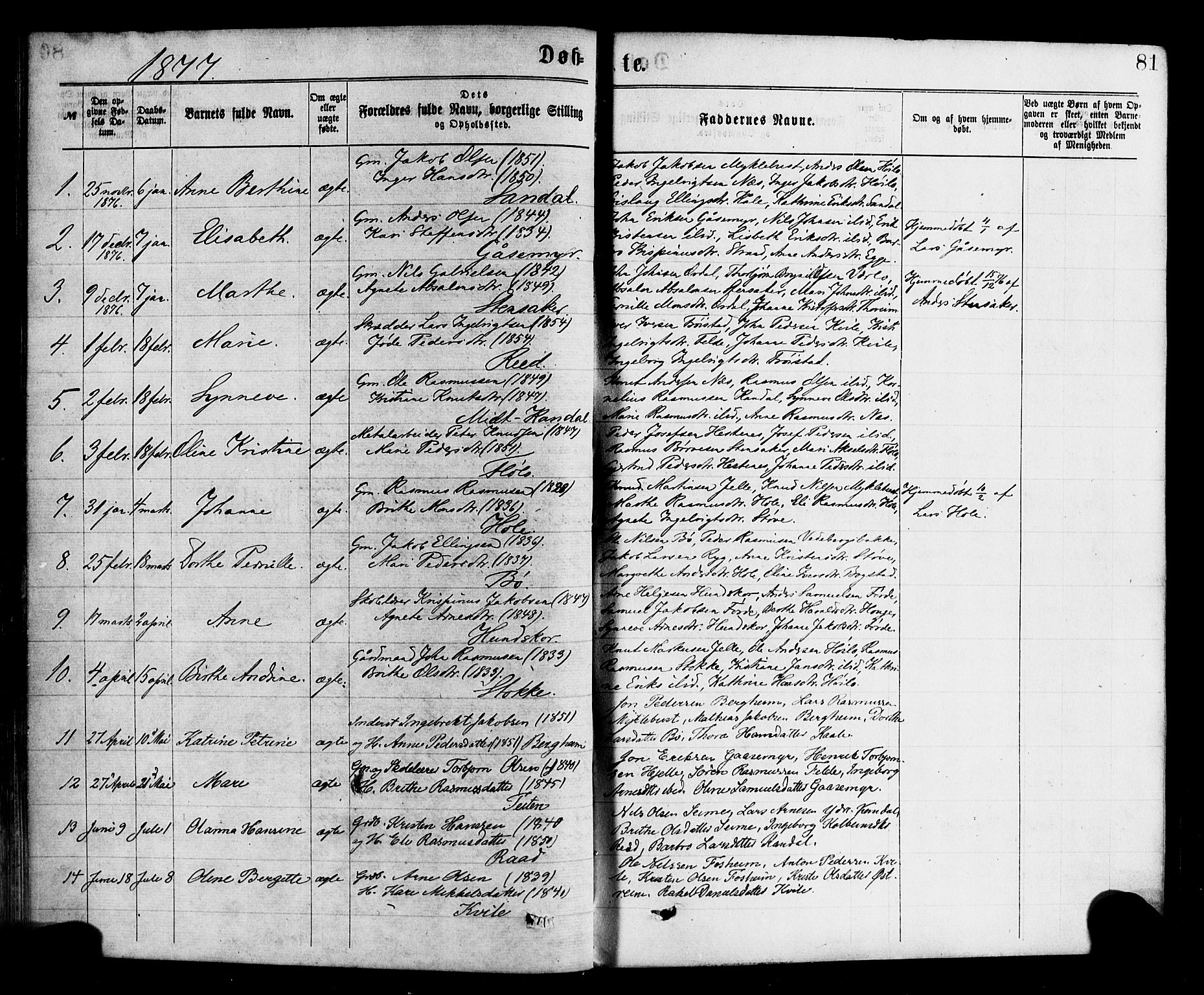 Gloppen sokneprestembete, SAB/A-80101/H/Haa/Haac/L0001: Parish register (official) no. C 1, 1871-1886, p. 81
