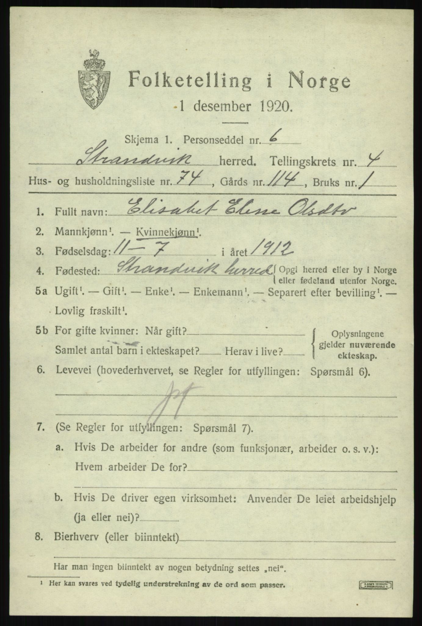 SAB, 1920 census for Strandvik, 1920, p. 3964