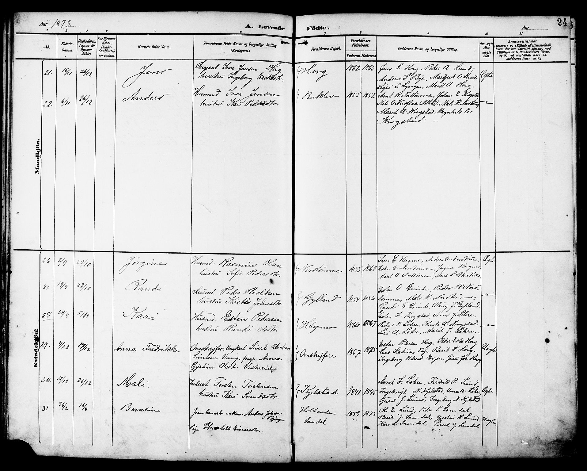 Ministerialprotokoller, klokkerbøker og fødselsregistre - Sør-Trøndelag, SAT/A-1456/692/L1111: Parish register (copy) no. 692C06, 1890-1904, p. 24