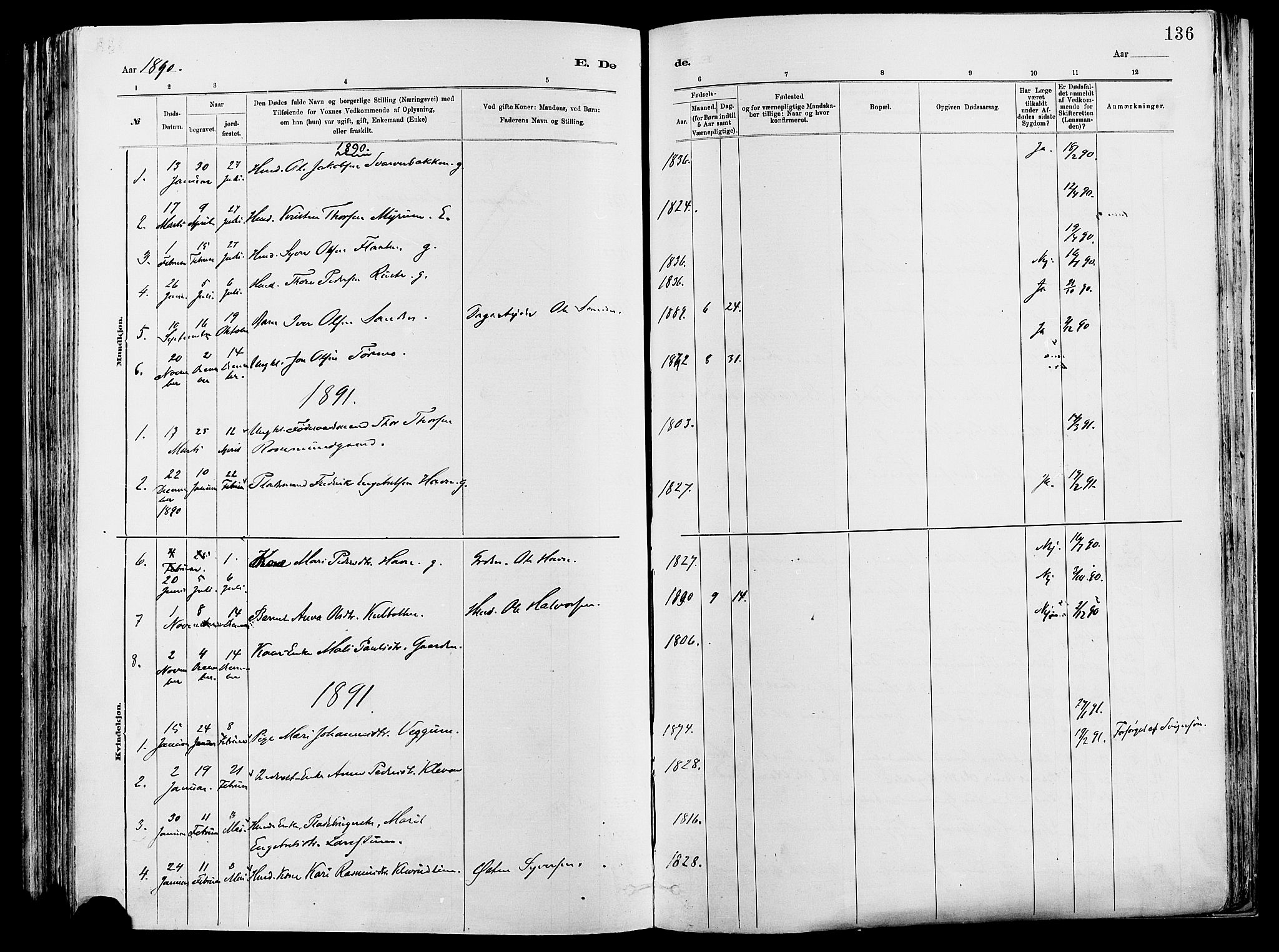 Vågå prestekontor, SAH/PREST-076/H/Ha/Haa/L0008: Parish register (official) no. 8, 1886-1904, p. 136