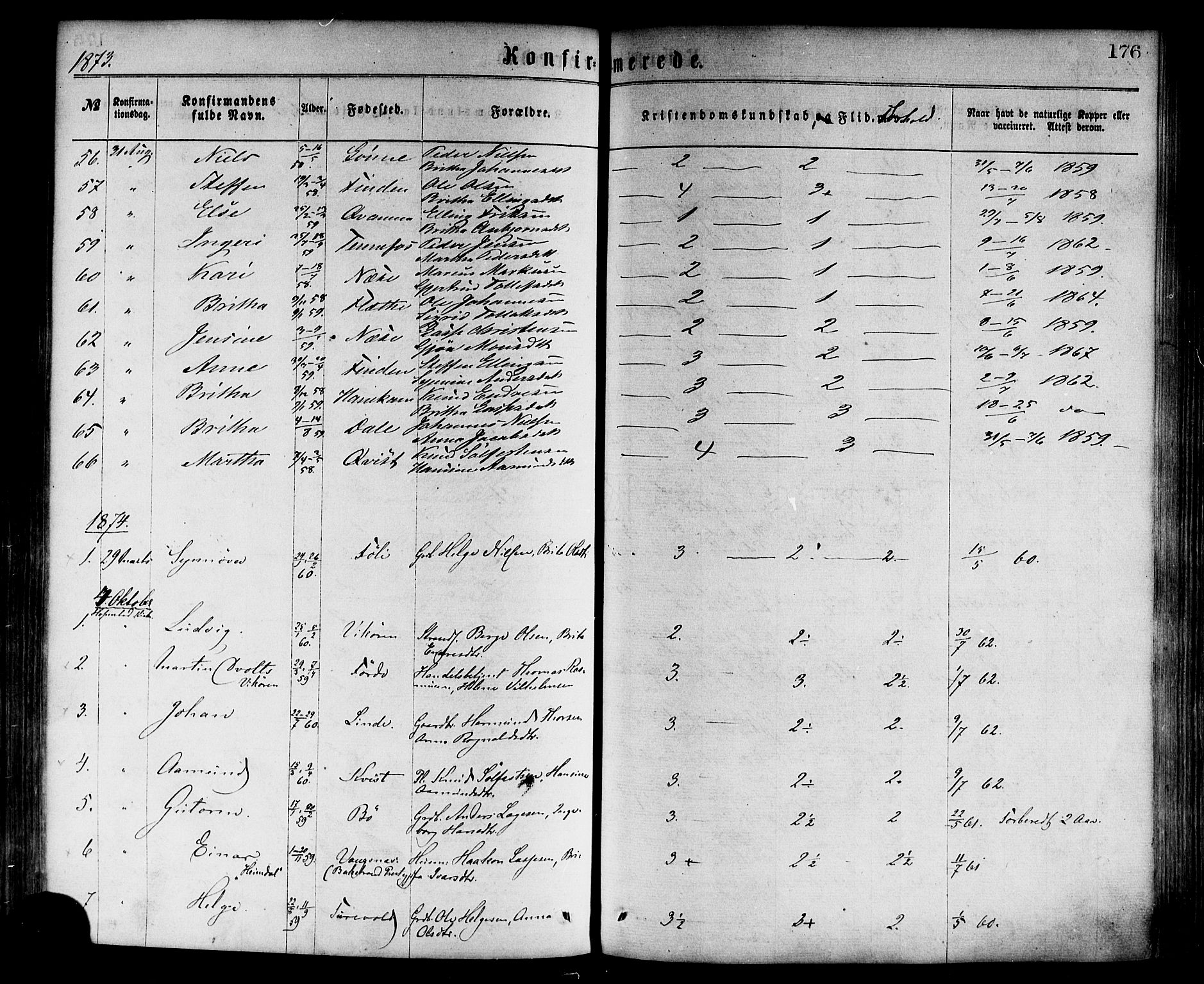 Vik sokneprestembete, SAB/A-81501: Parish register (official) no. A 9, 1866-1877, p. 176
