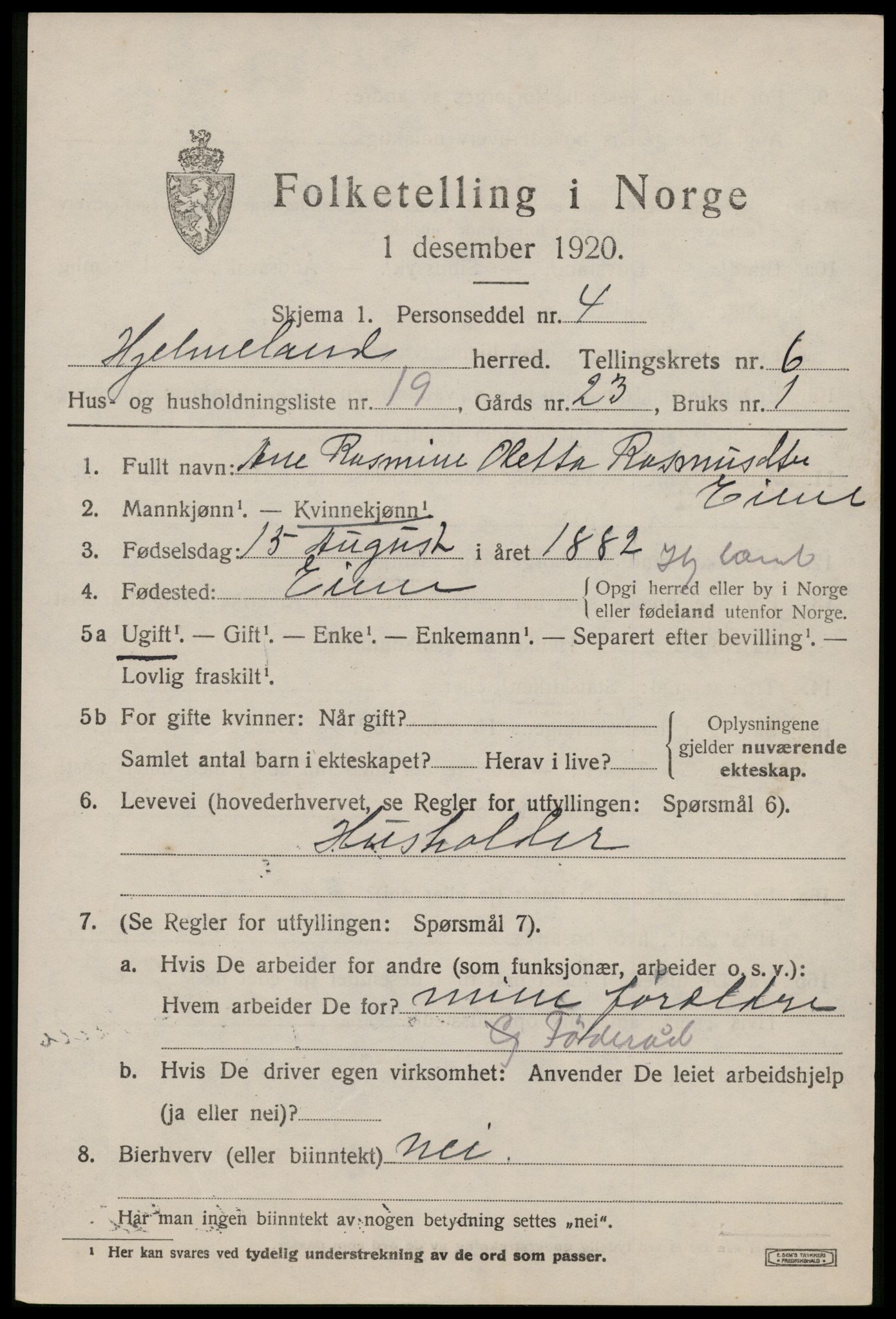 SAST, 1920 census for Hjelmeland, 1920, p. 2253