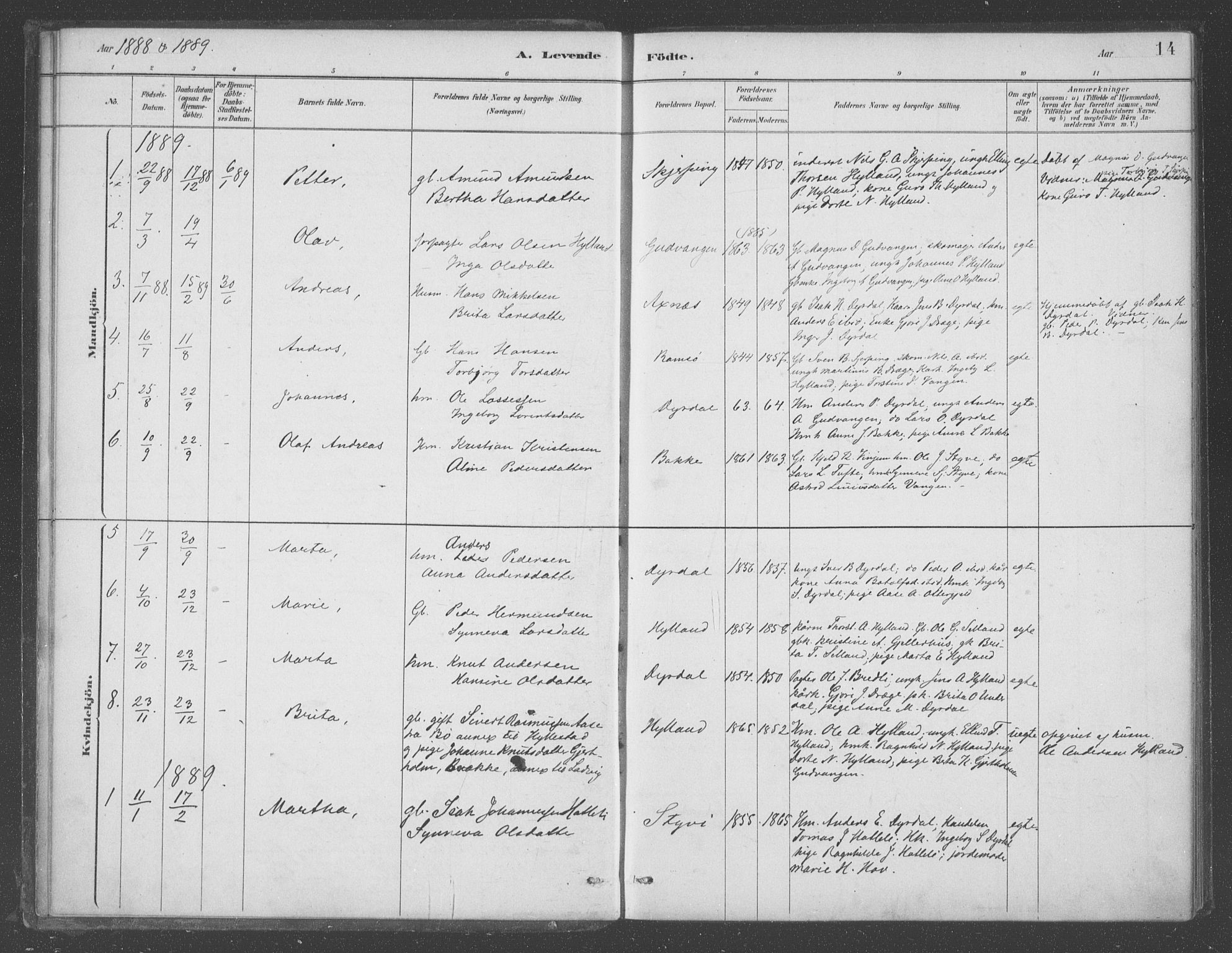 Aurland sokneprestembete, SAB/A-99937/H/Ha/Had/L0001: Parish register (official) no. D  1, 1880-1903, p. 14