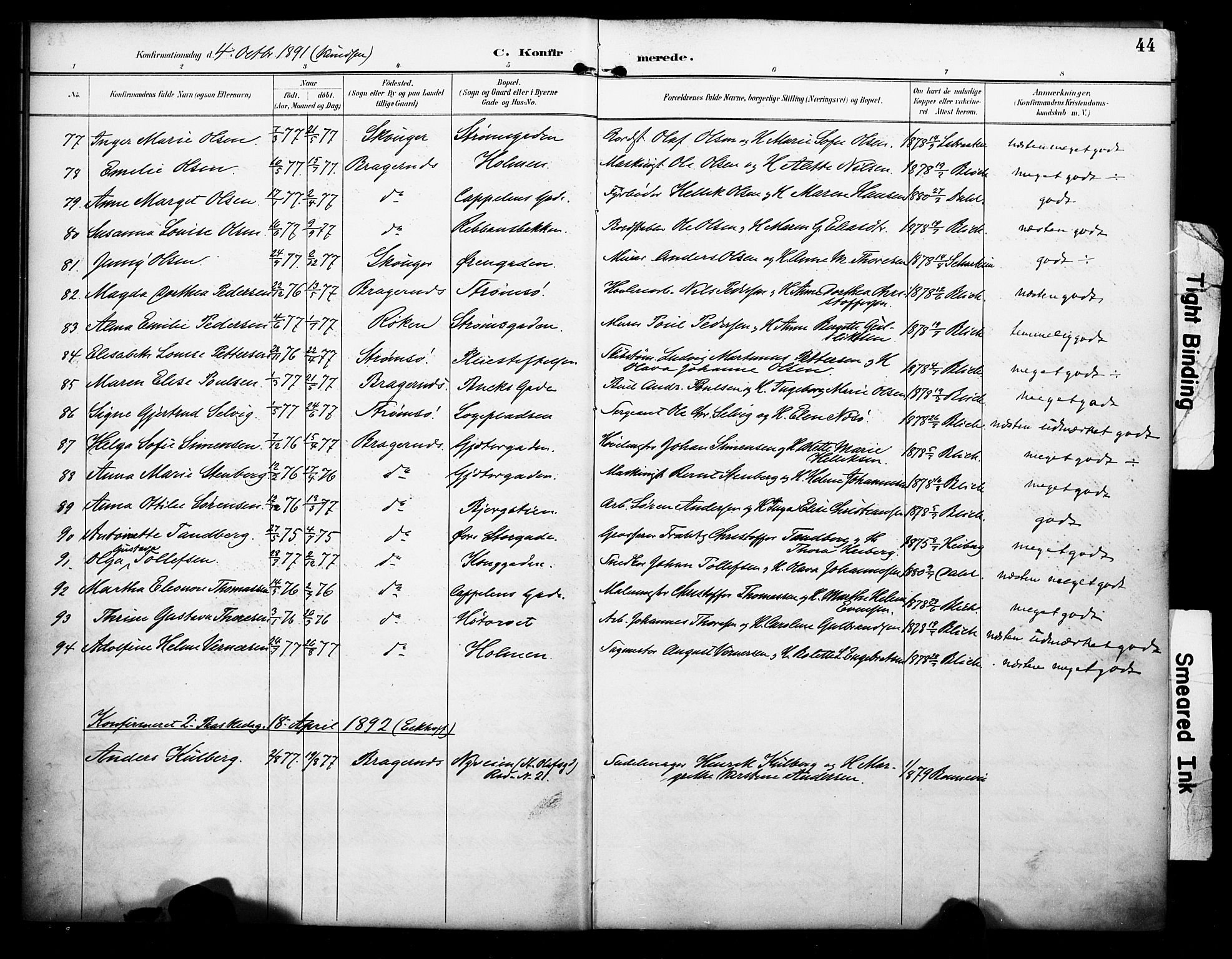 Bragernes kirkebøker, AV/SAKO-A-6/F/Fc/L0006: Parish register (official) no. III 6, 1888-1899, p. 44