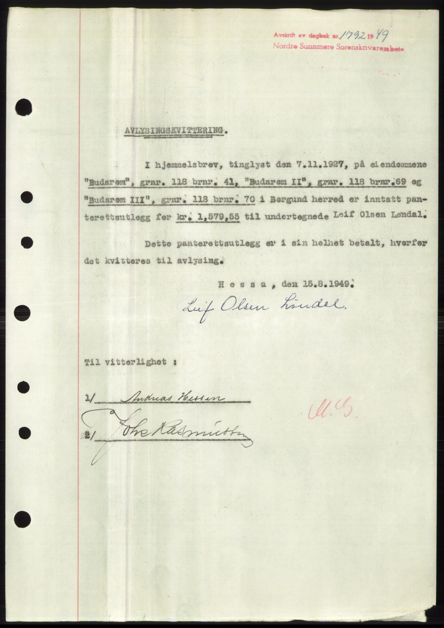 Nordre Sunnmøre sorenskriveri, AV/SAT-A-0006/1/2/2C/2Ca: Mortgage book no. B14-19, 1947-1950, Diary no: : 1792/1949