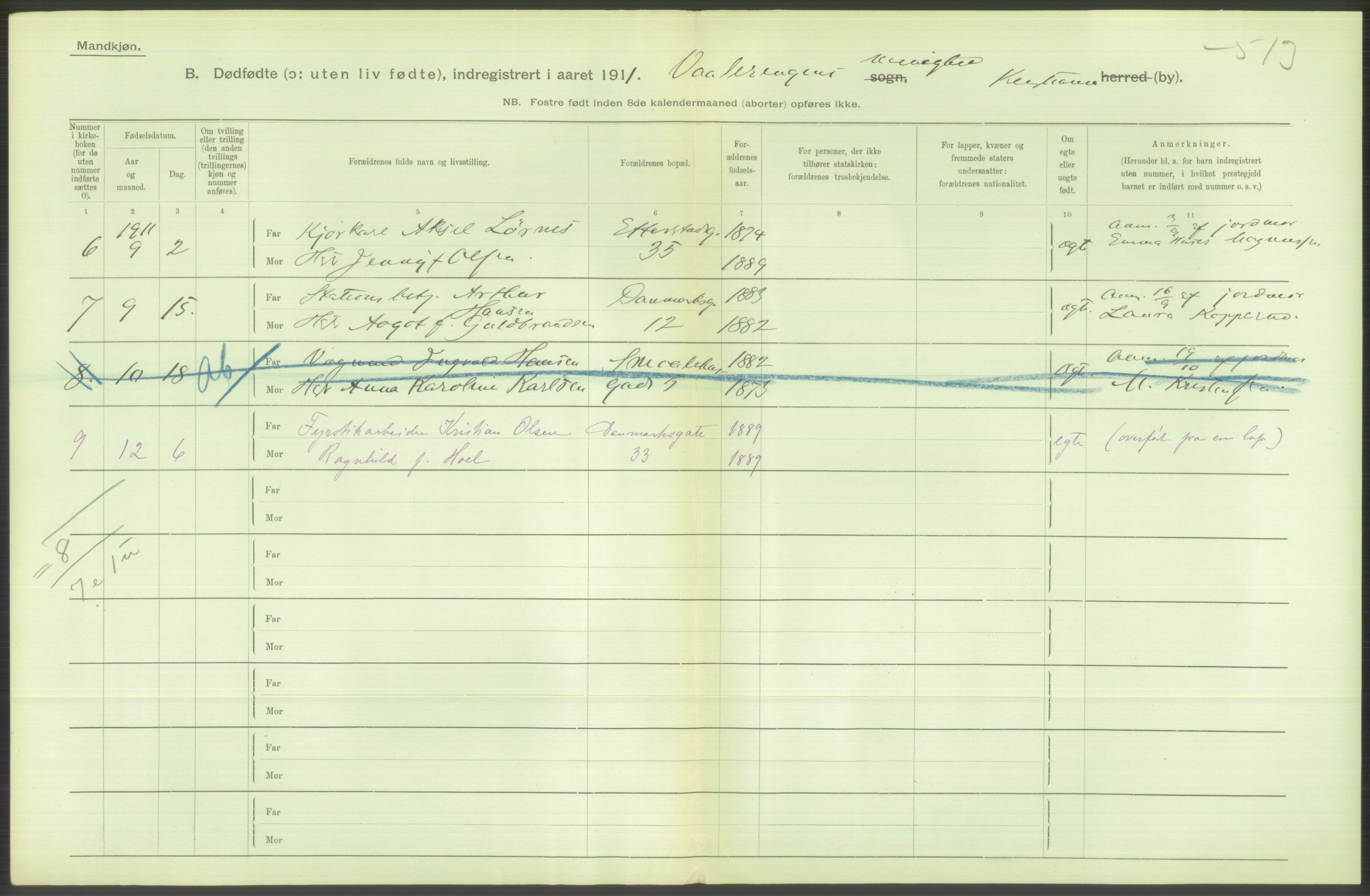 Statistisk sentralbyrå, Sosiodemografiske emner, Befolkning, AV/RA-S-2228/D/Df/Dfb/Dfba/L0010: Kristiania: Døde kvinner samt dødfødte., 1911, p. 54