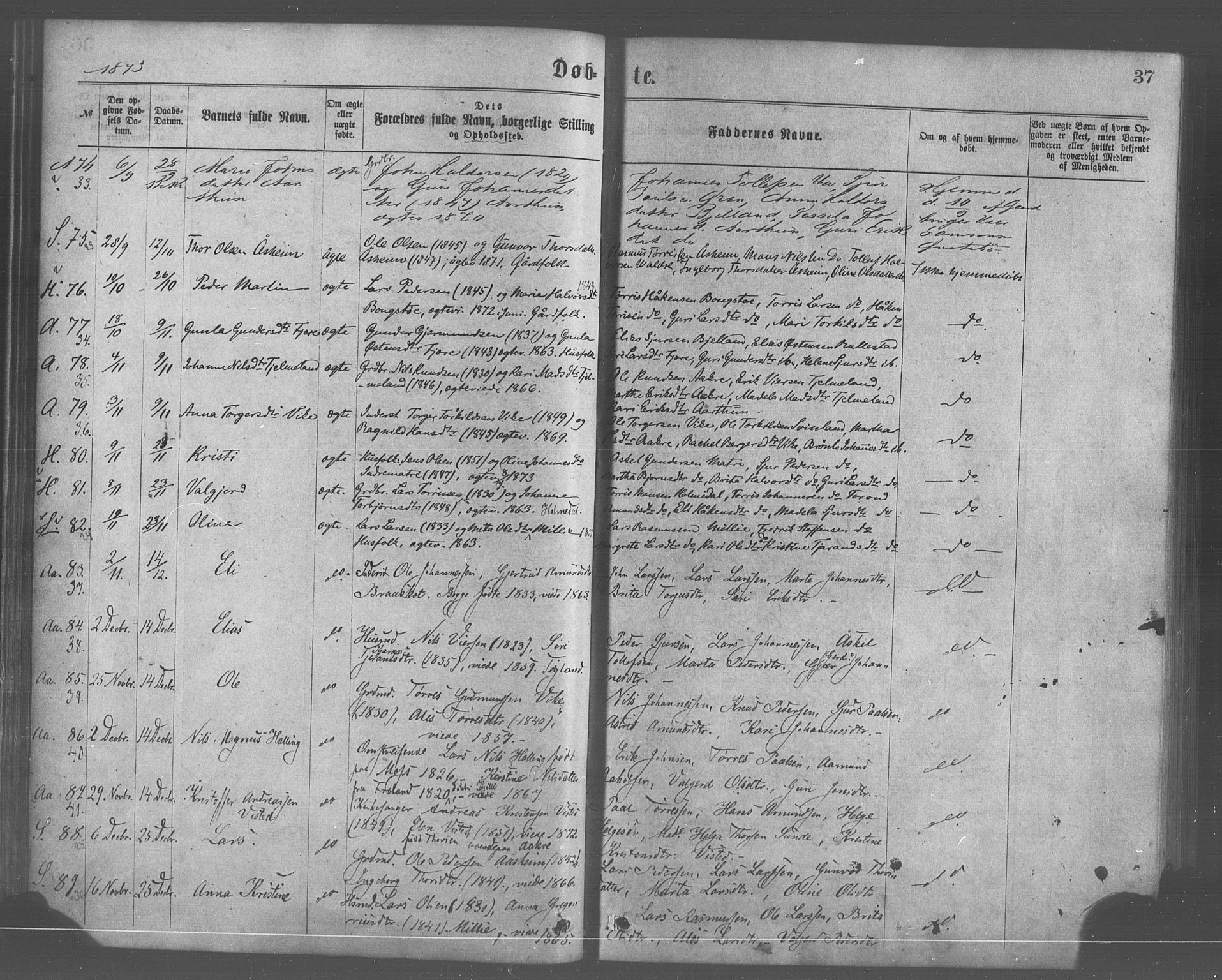 Skånevik sokneprestembete, SAB/A-77801/H/Haa: Parish register (official) no. A 6, 1869-1878, p. 37