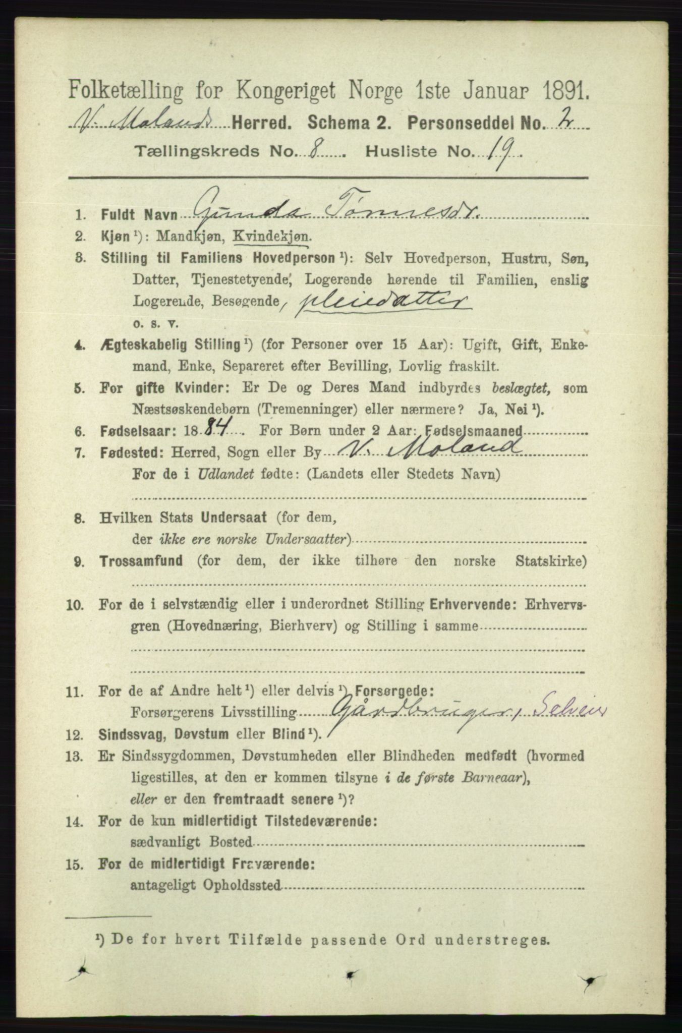 RA, 1891 census for 0926 Vestre Moland, 1891, p. 3123