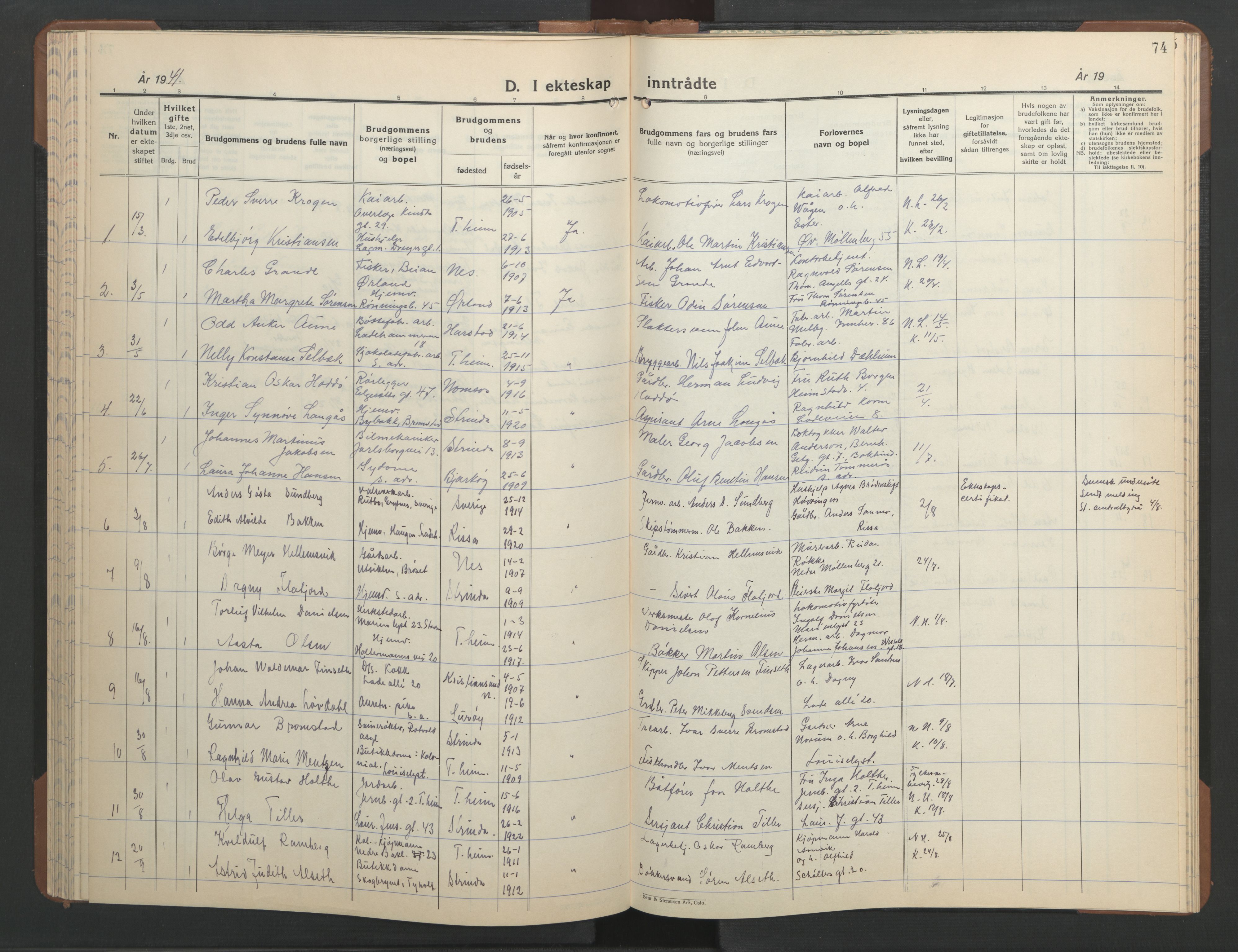 Ministerialprotokoller, klokkerbøker og fødselsregistre - Sør-Trøndelag, AV/SAT-A-1456/606/L0315: Parish register (copy) no. 606C11, 1938-1947, p. 74