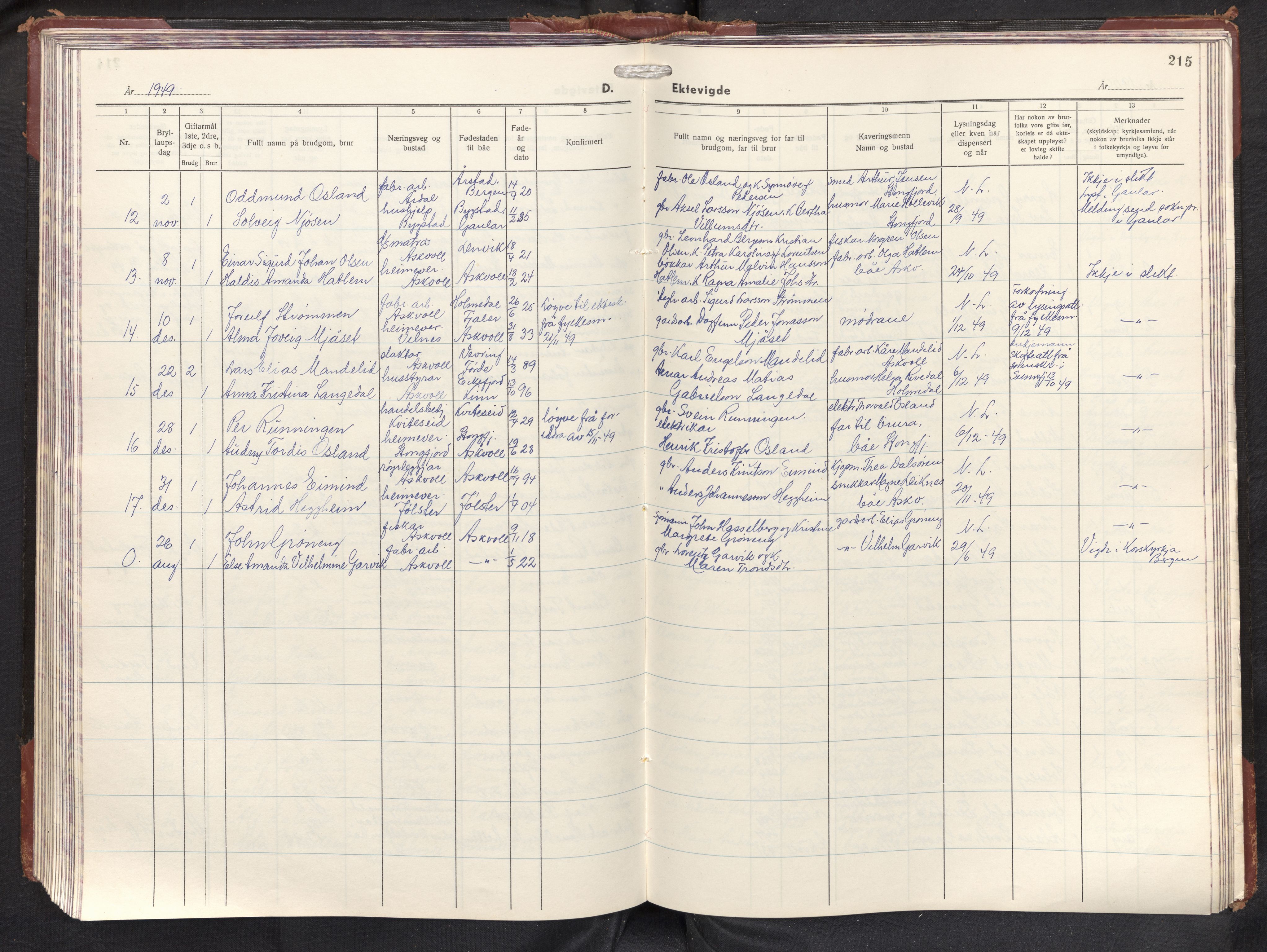 Askvoll sokneprestembete, AV/SAB-A-79501/H/Hab/Haba/L0006: Parish register (copy) no. A 6, 1946-1976, p. 214b-215a