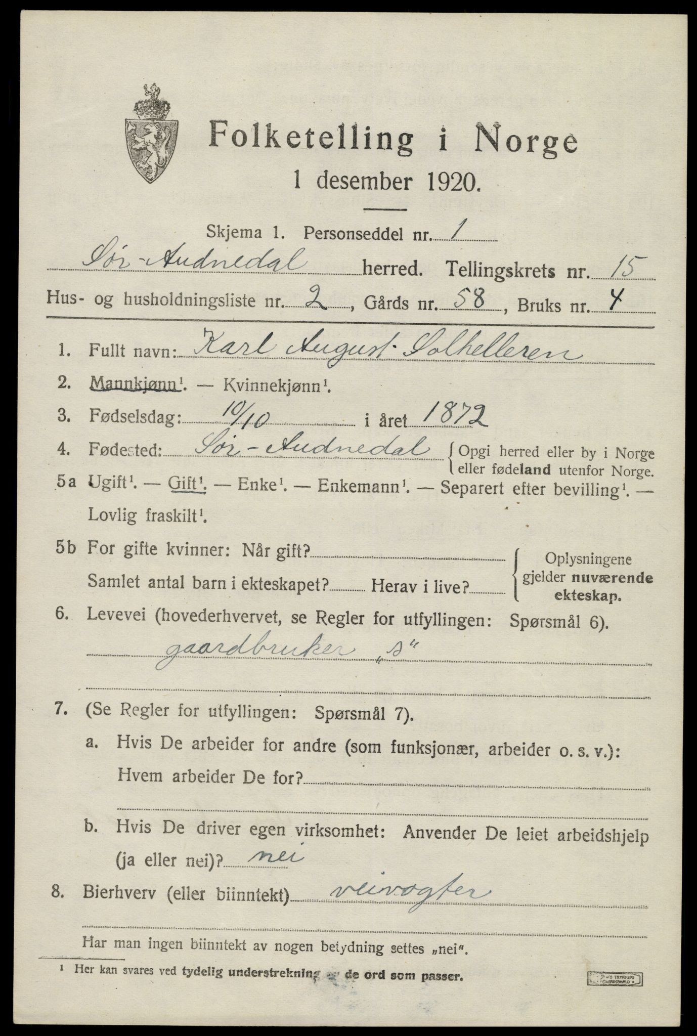 SAK, 1920 census for Sør-Audnedal, 1920, p. 5729