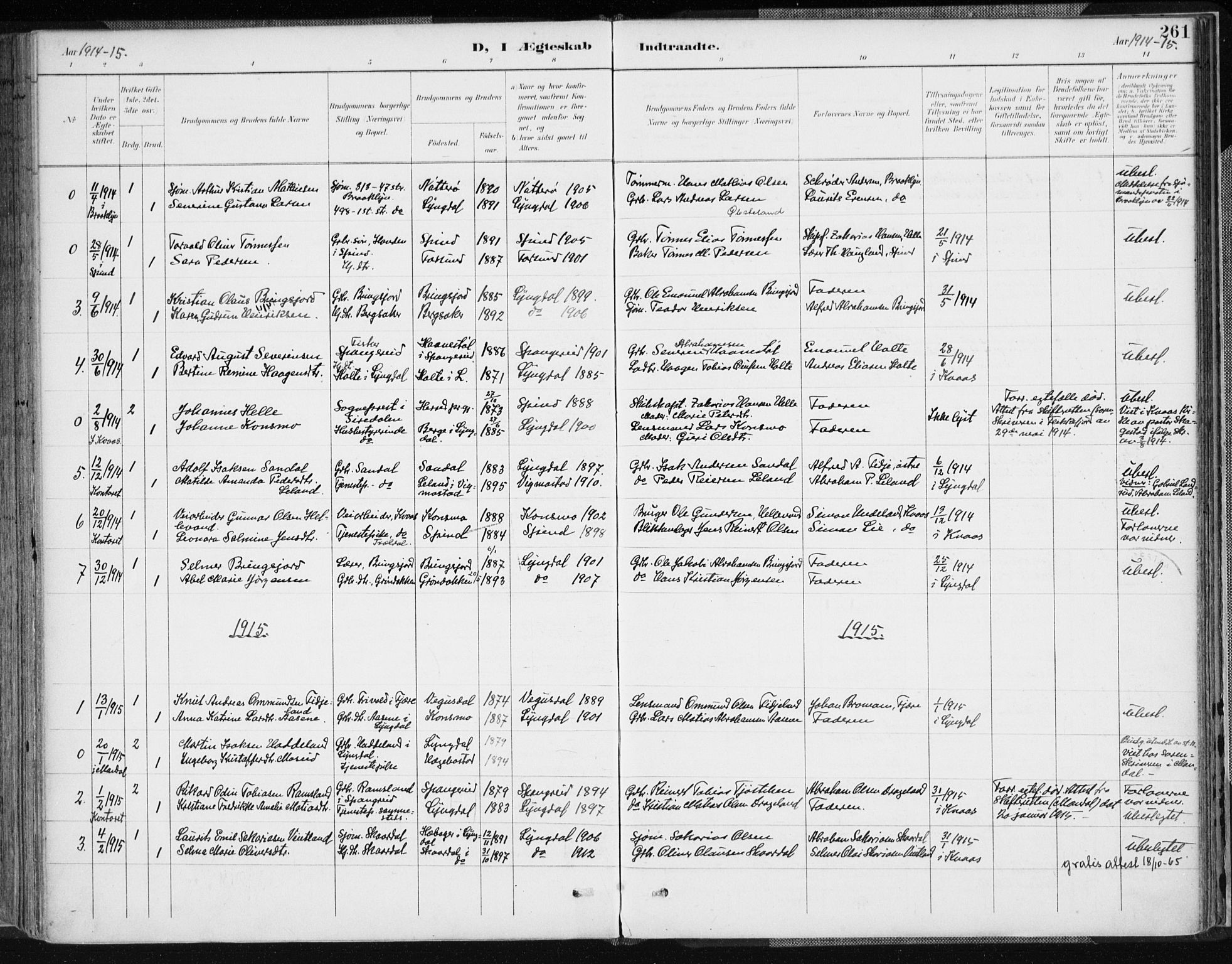 Lyngdal sokneprestkontor, AV/SAK-1111-0029/F/Fa/Fac/L0012: Parish register (official) no. A 12, 1894-1918, p. 261