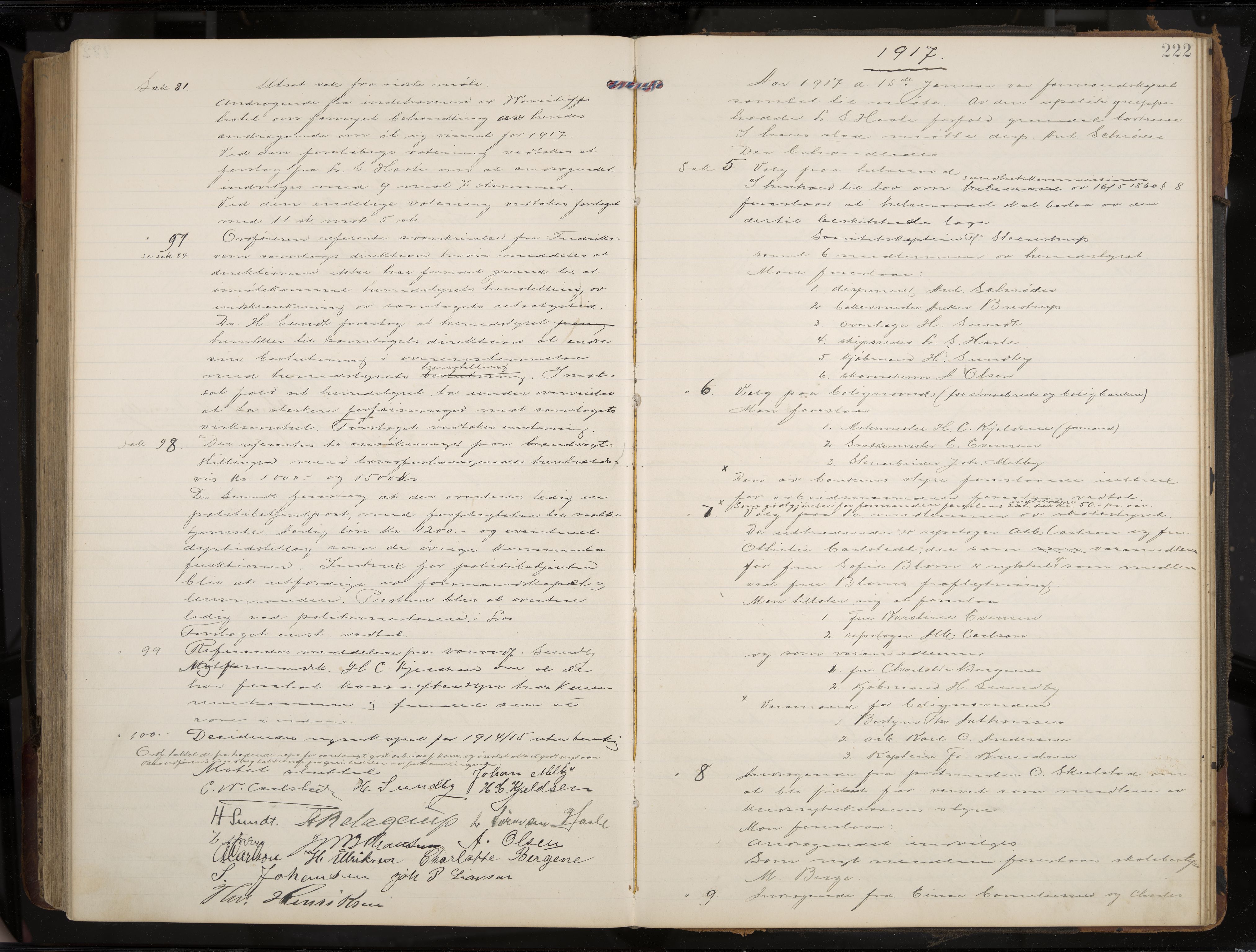 Stavern formannskap og sentraladministrasjon, IKAK/0708021/A/Aa/L0005: Møtebok med register, 1905-1917, p. 222