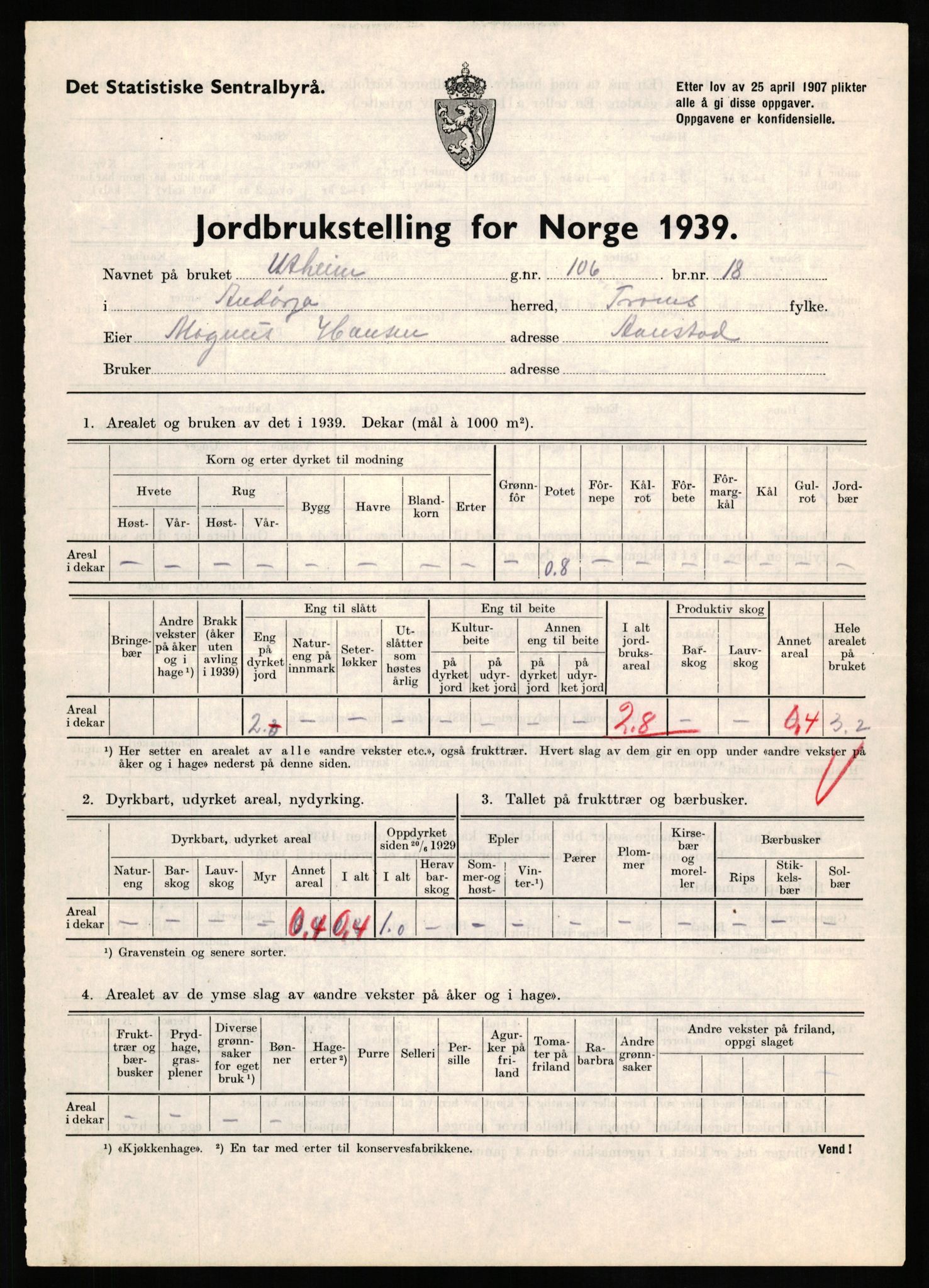 Statistisk sentralbyrå, Næringsøkonomiske emner, Jordbruk, skogbruk, jakt, fiske og fangst, AV/RA-S-2234/G/Gb/L0339: Troms: Andørja, Astafjord og Lavangen, 1939, p. 412