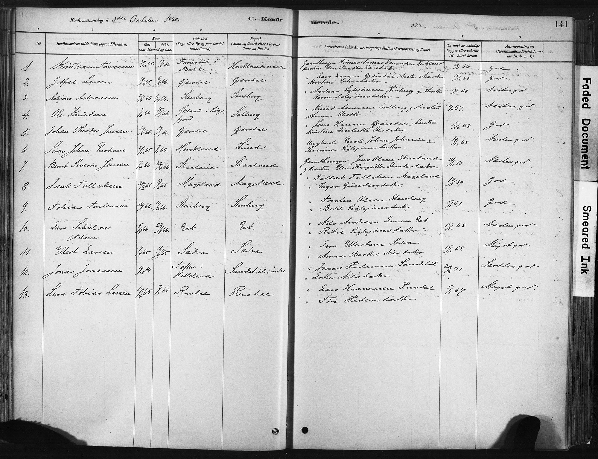 Lund sokneprestkontor, SAST/A-101809/S06/L0011: Parish register (official) no. A 10, 1877-1904, p. 141