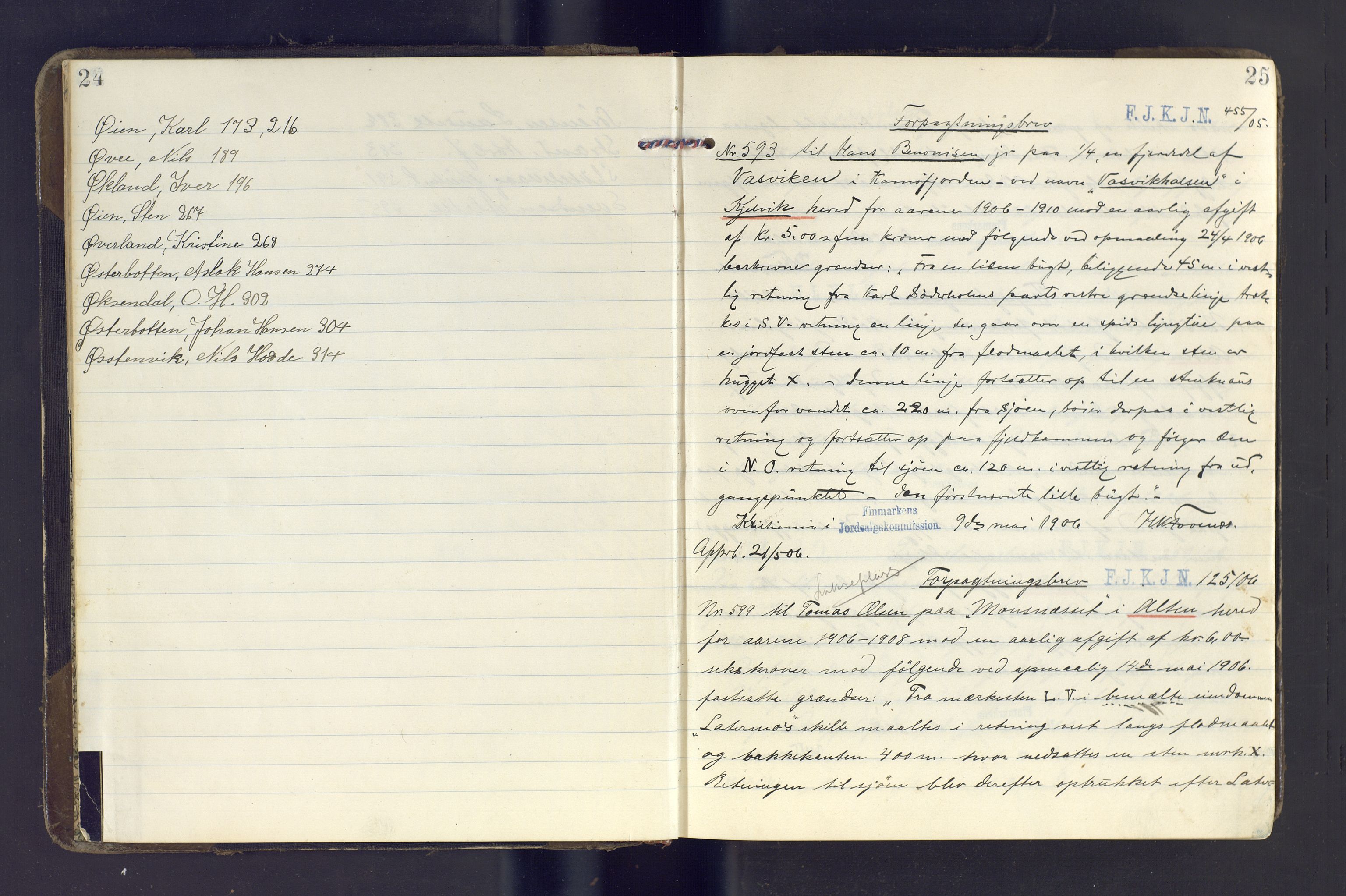 Finnmark jordsalgskommisjon/jordsalgskontor og Statskog SF Finnmark jordsalgskontor, AV/SATØ-S-1443/J/Ja/L0003: Kopibok for forpaktningsbrev for Finnmark, 1906-1910, p. 24-25