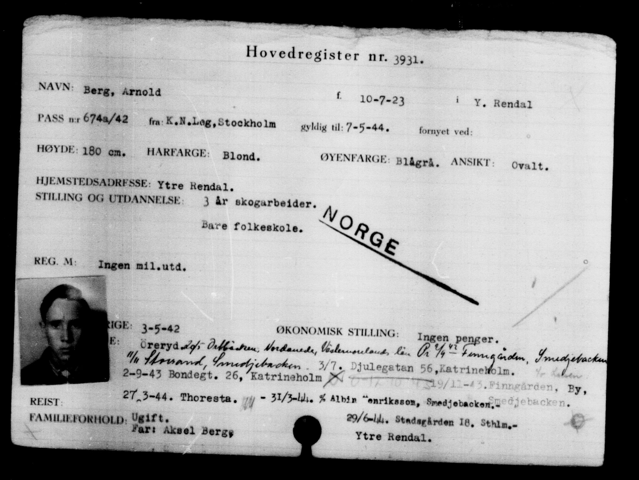 Utenriksstasjonene, Legasjonen i Stockholm, Flyktningkontoret, AV/RA-S-6753/V/Va/L0004: Kjesäterkartoteket, flyktninger med registreringsnr. 3496-6610, 1940-1945, p. 512