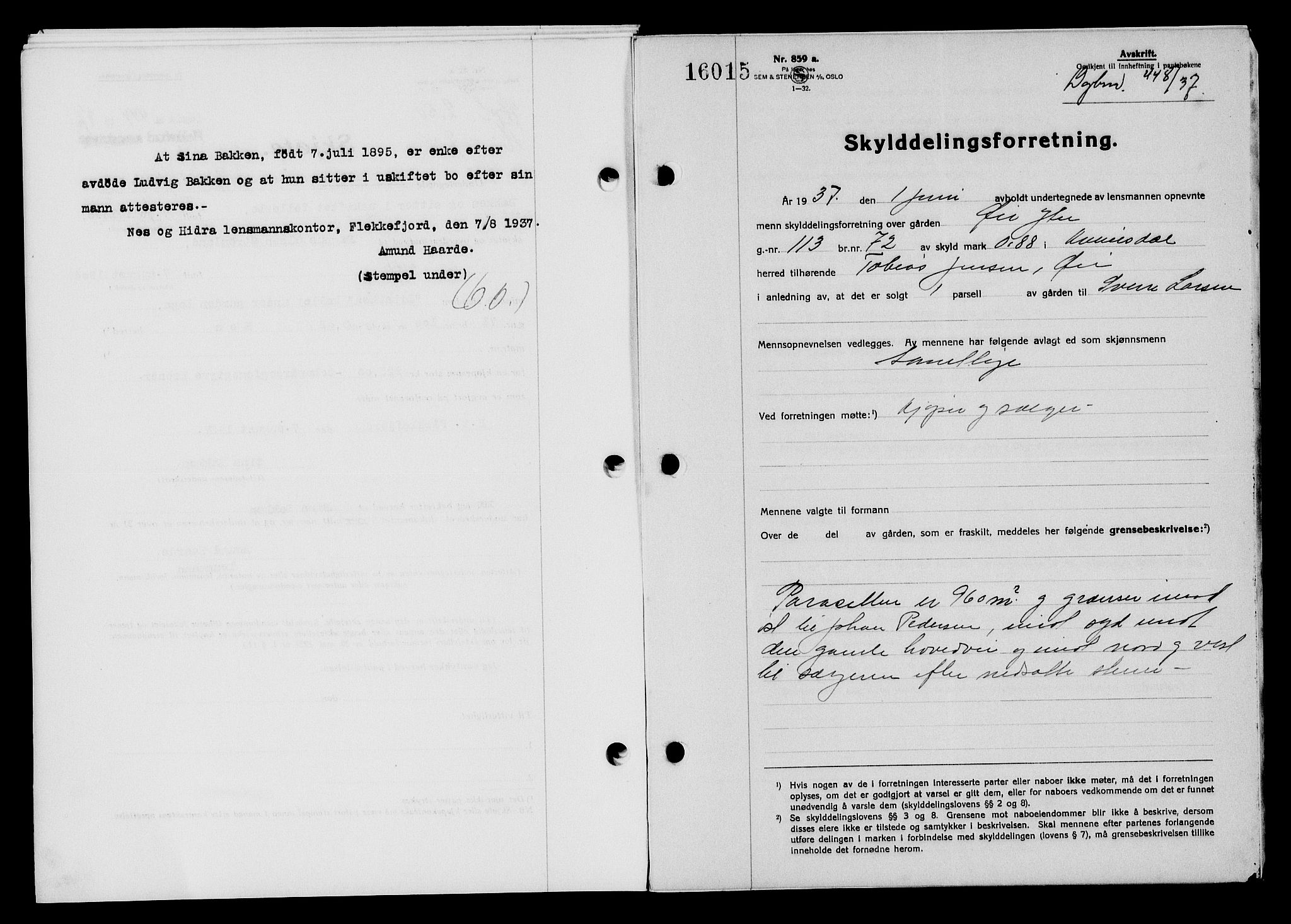 Flekkefjord sorenskriveri, SAK/1221-0001/G/Gb/Gba/L0053: Mortgage book no. A-1, 1936-1937, Diary no: : 448/1937