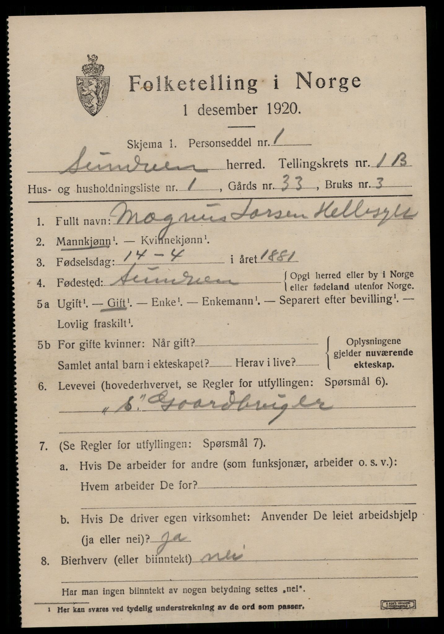 SAT, 1920 census for Sunnylven, 1920, p. 910