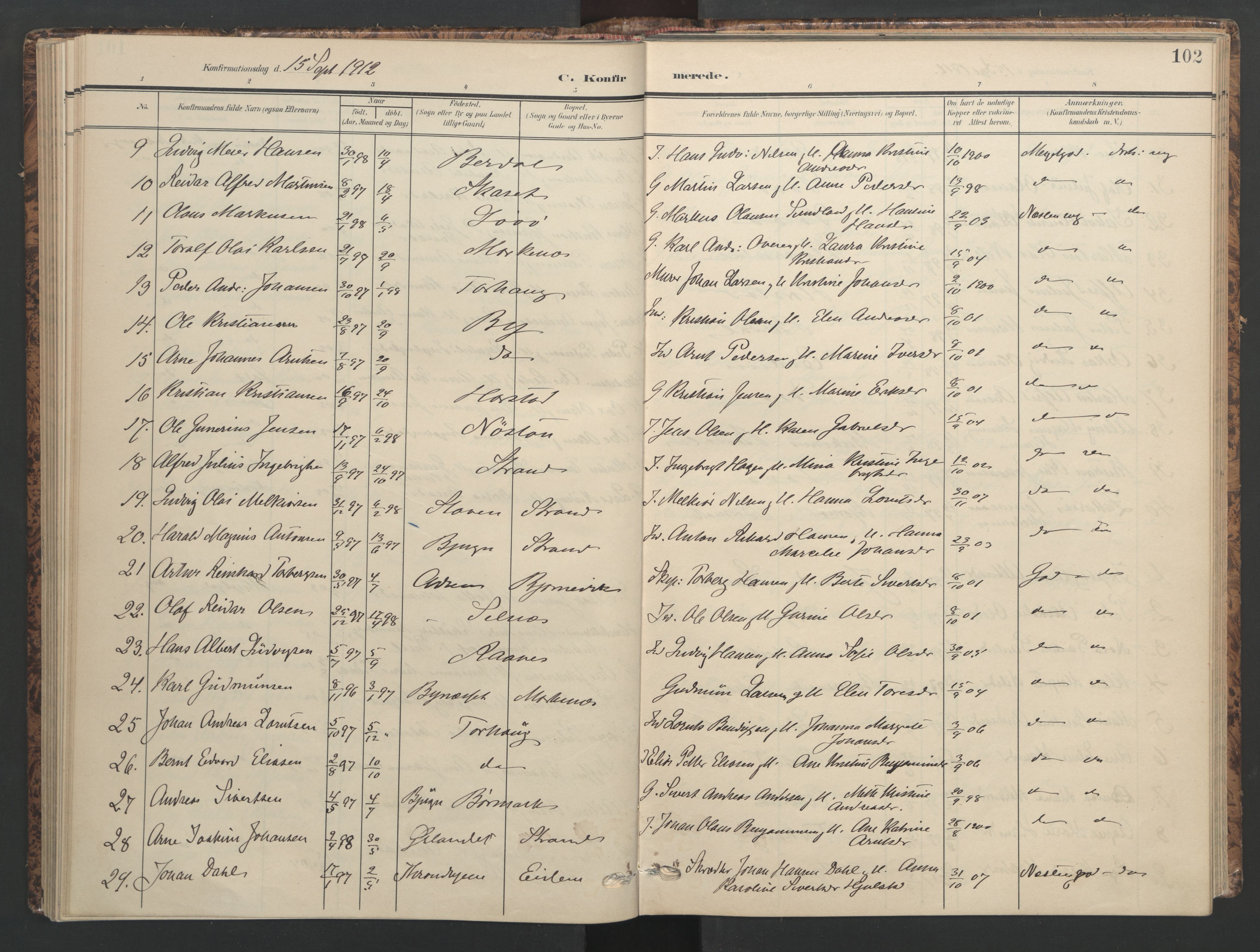 Ministerialprotokoller, klokkerbøker og fødselsregistre - Sør-Trøndelag, SAT/A-1456/655/L0682: Parish register (official) no. 655A11, 1908-1922, p. 102