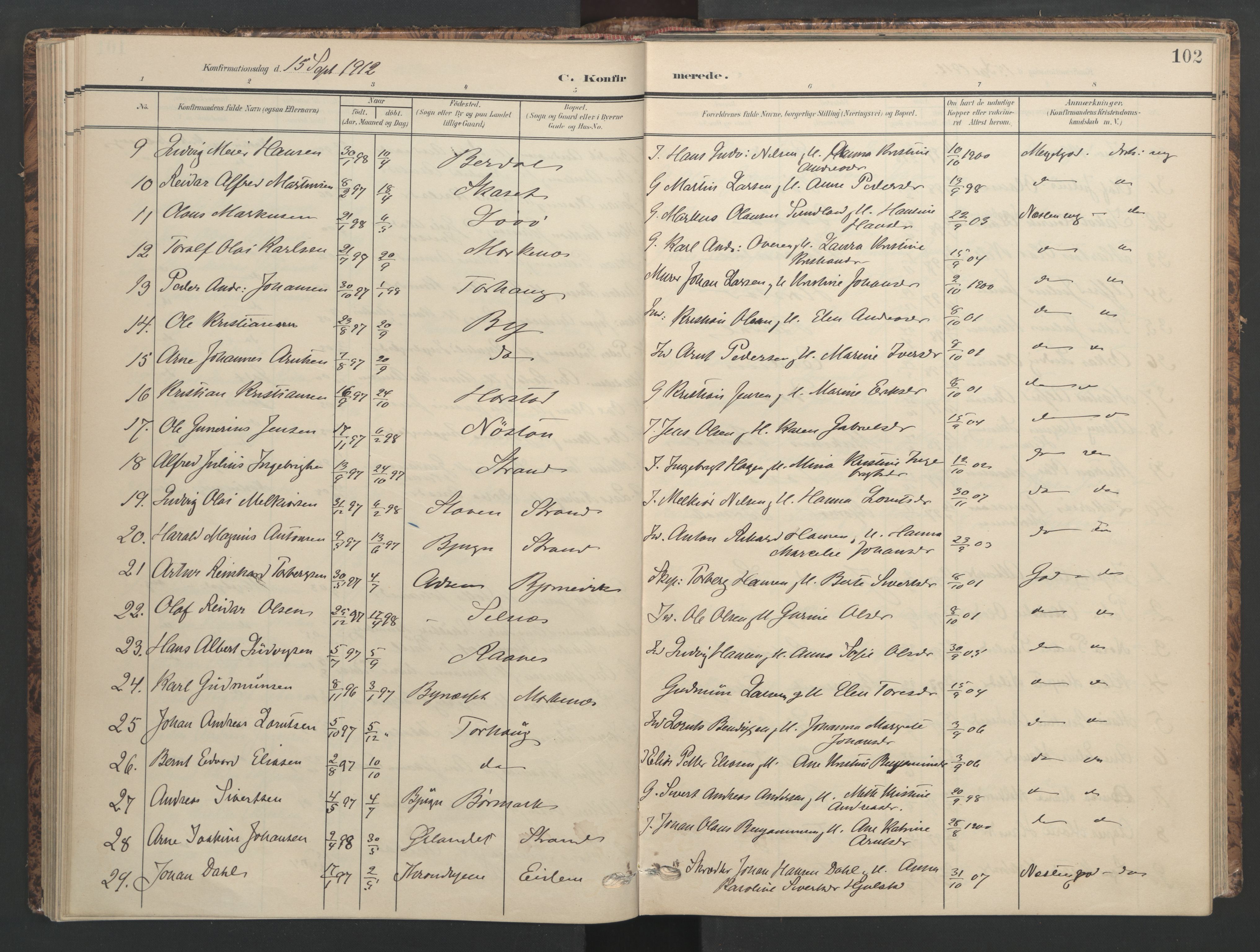 Ministerialprotokoller, klokkerbøker og fødselsregistre - Sør-Trøndelag, AV/SAT-A-1456/655/L0682: Parish register (official) no. 655A11, 1908-1922, p. 102