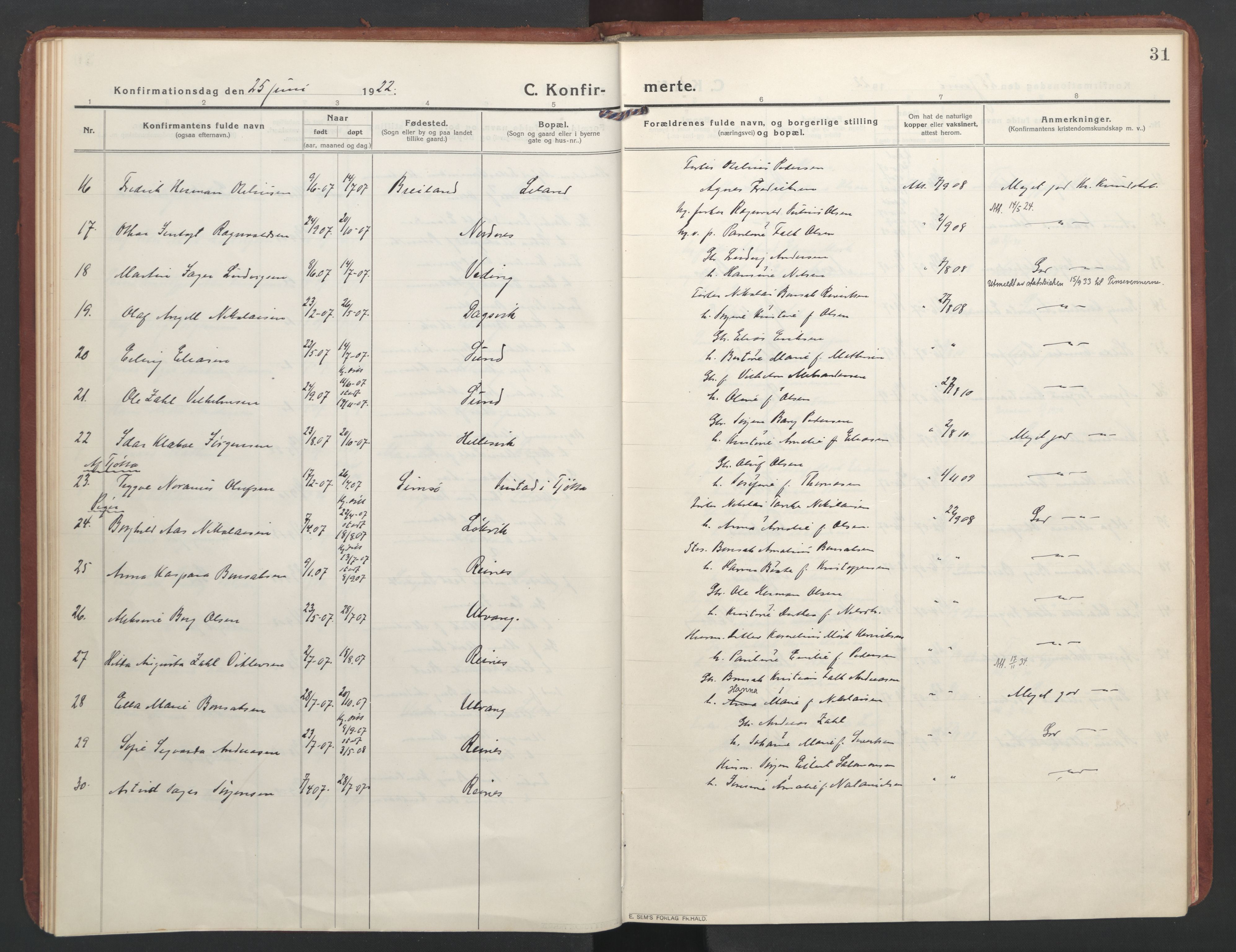 Ministerialprotokoller, klokkerbøker og fødselsregistre - Nordland, AV/SAT-A-1459/832/L0492: Parish register (official) no. 832A01, 1916-1934, p. 31