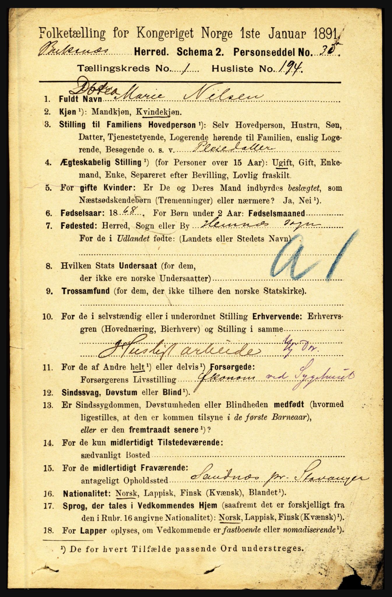 RA, 1891 census for 1860 Buksnes, 1891, p. 1518