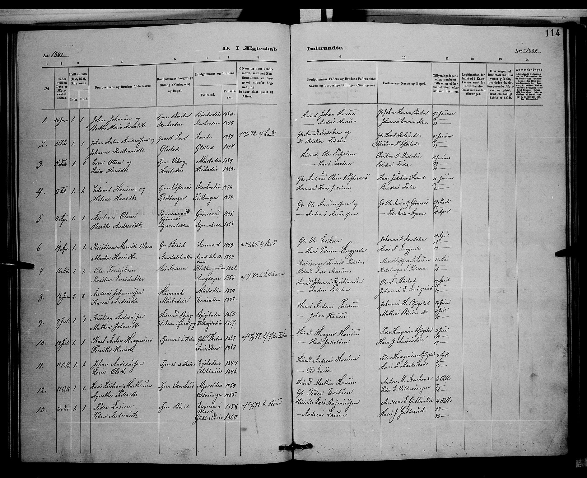 Vardal prestekontor, SAH/PREST-100/H/Ha/Hab/L0008: Parish register (copy) no. 8, 1881-1898, p. 114