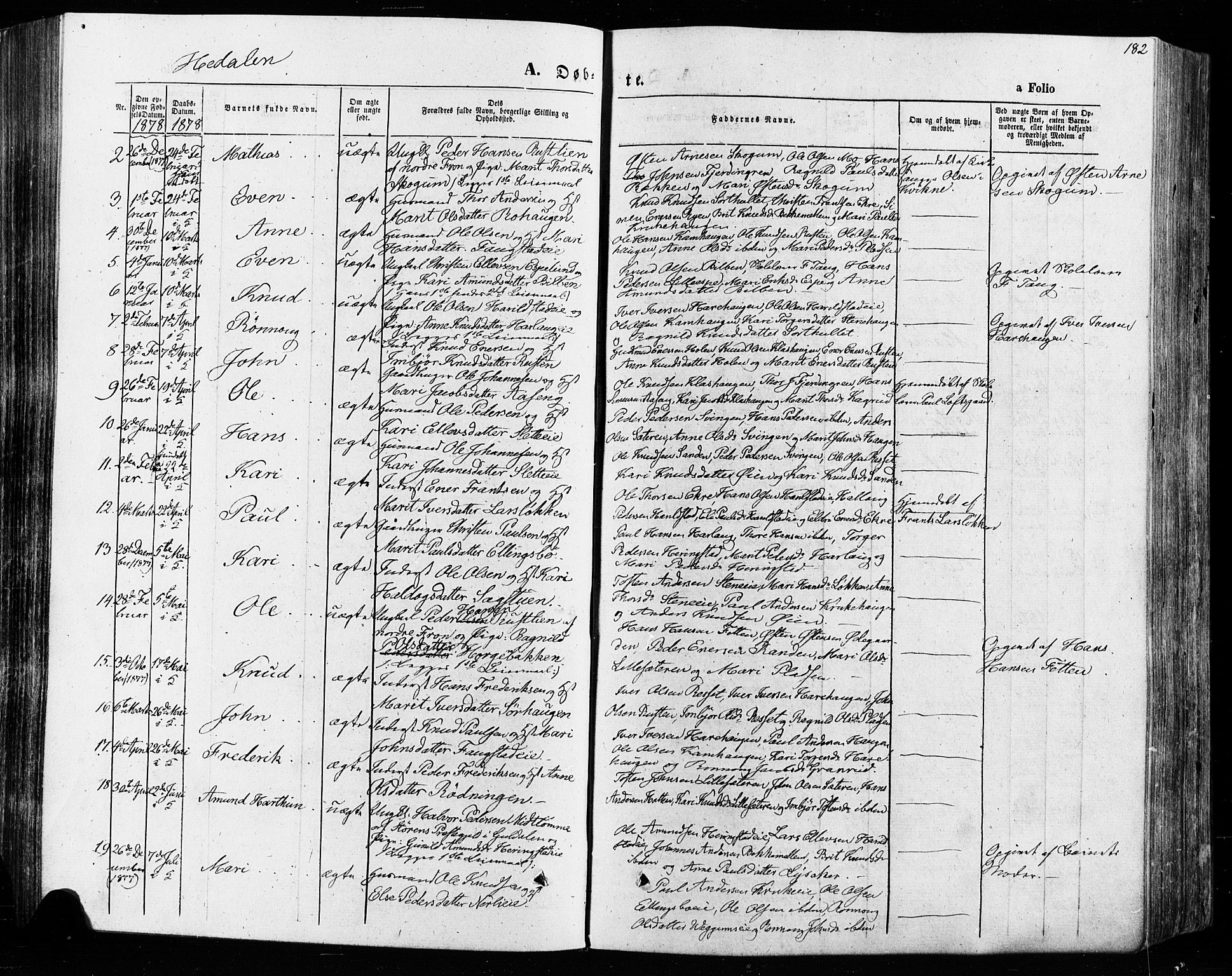 Vågå prestekontor, SAH/PREST-076/H/Ha/Haa/L0007: Parish register (official) no. 7 /2, 1873-1886, p. 182