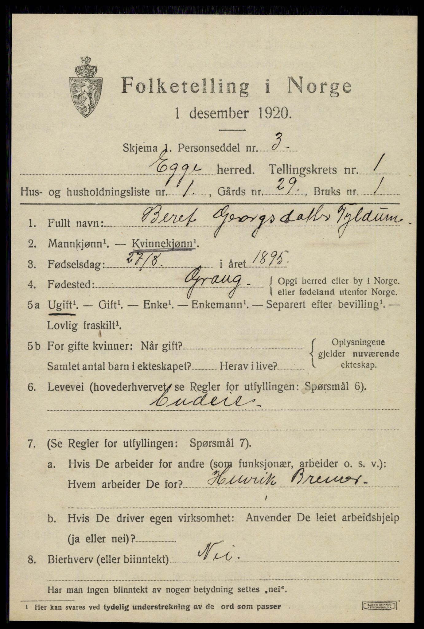 SAT, 1920 census for Egge, 1920, p. 588