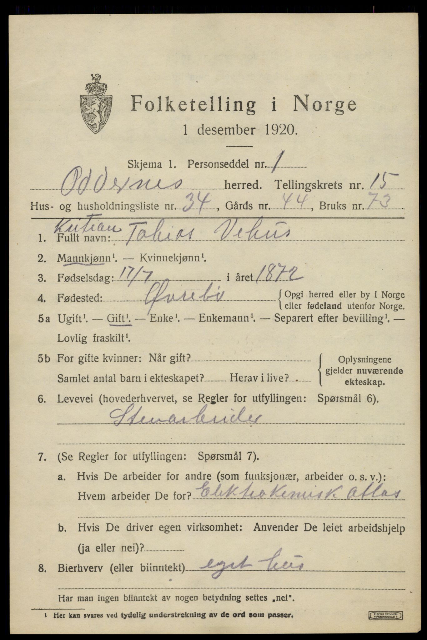SAK, 1920 census for Oddernes, 1920, p. 10365