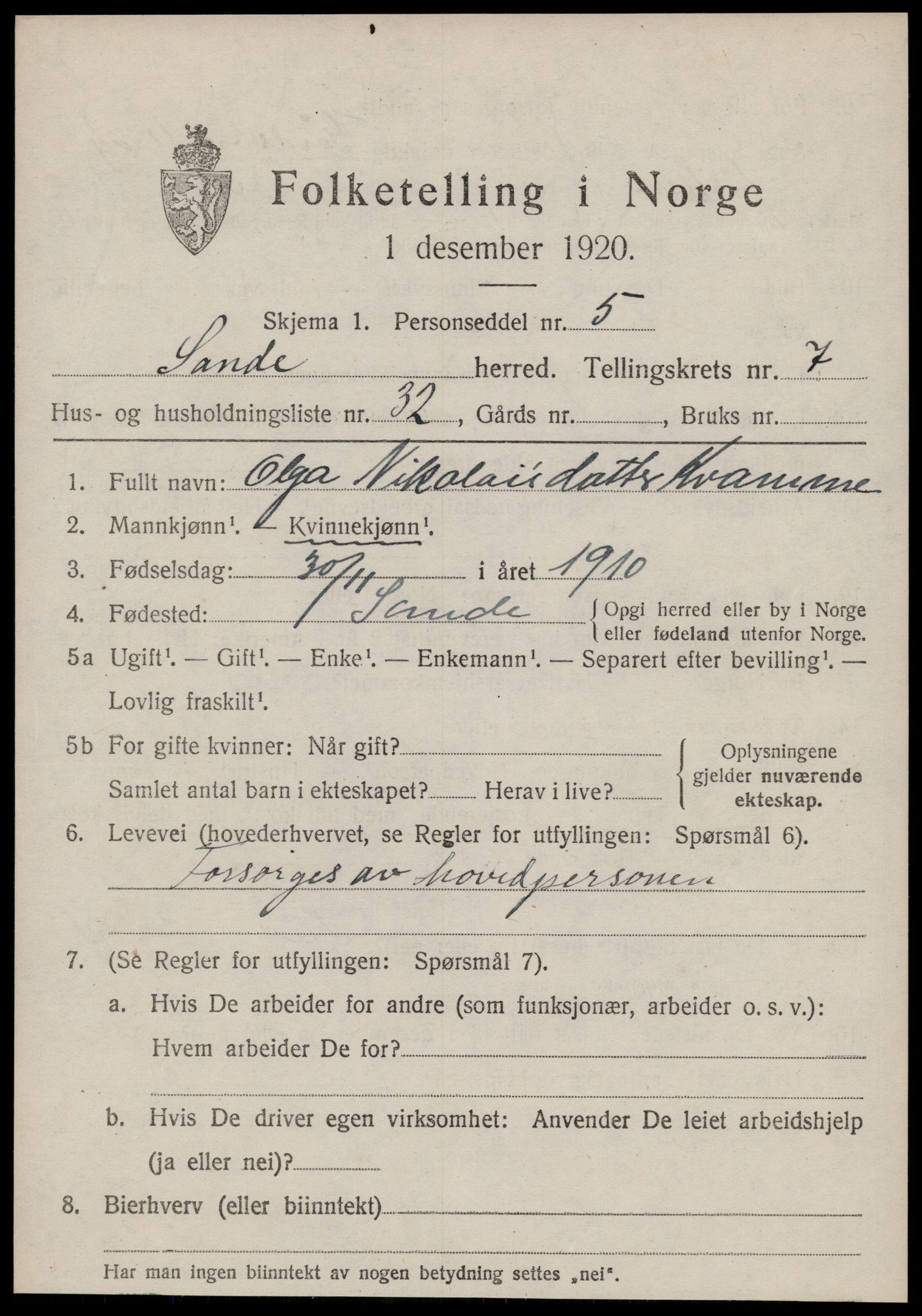 SAT, 1920 census for Sande (MR), 1920, p. 4642