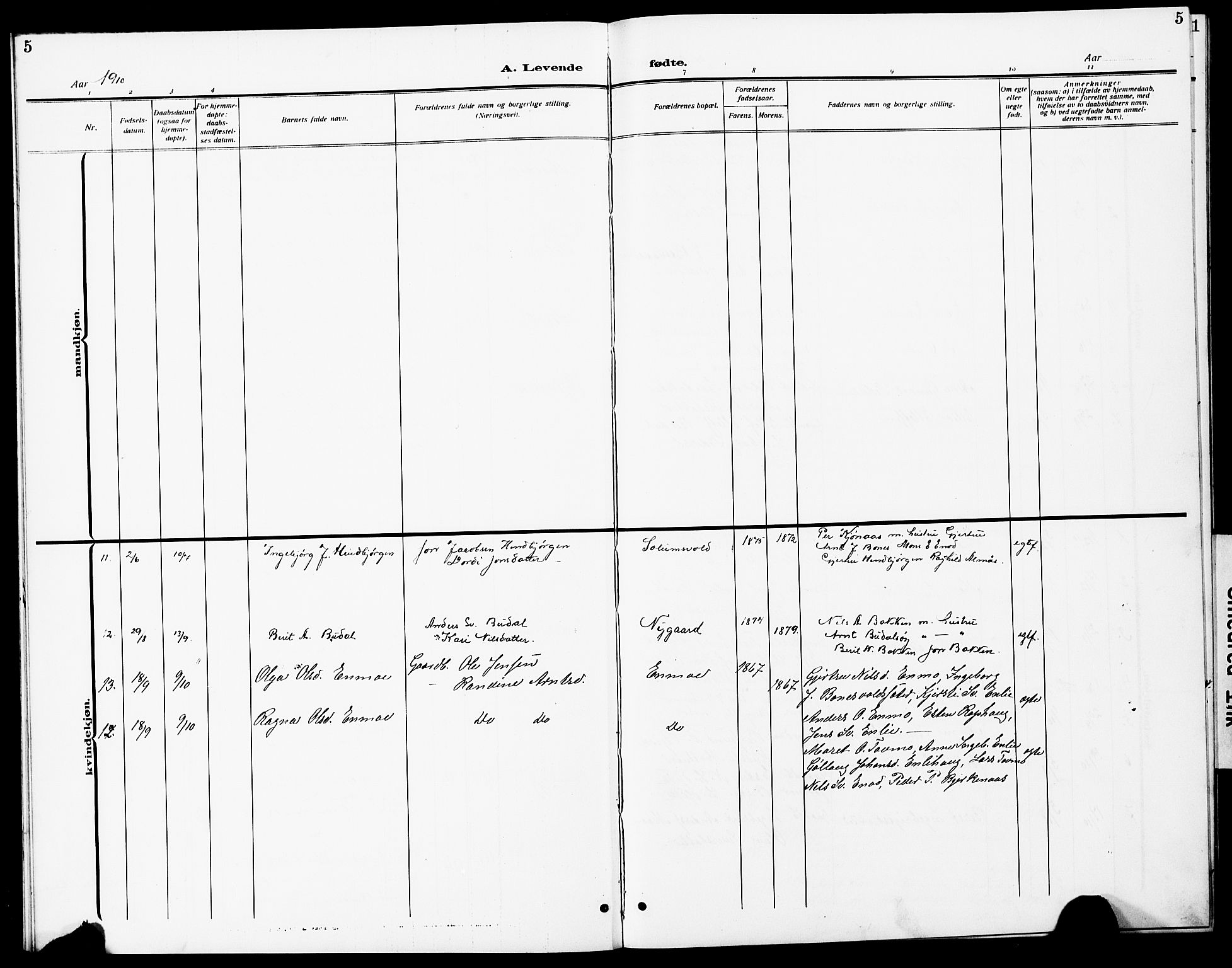 Ministerialprotokoller, klokkerbøker og fødselsregistre - Sør-Trøndelag, AV/SAT-A-1456/690/L1052: Parish register (copy) no. 690C02, 1907-1929, p. 5