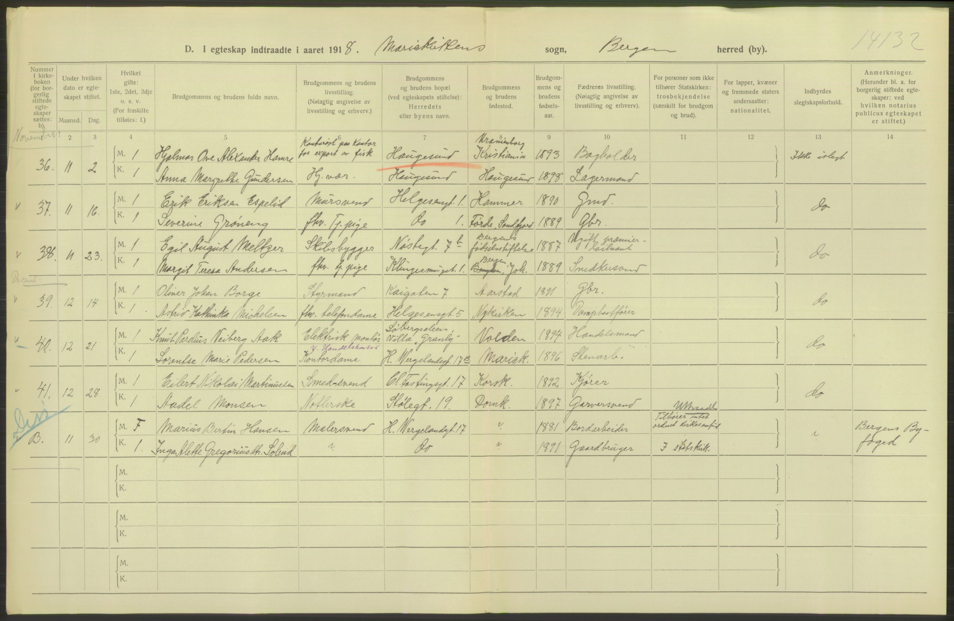 Statistisk sentralbyrå, Sosiodemografiske emner, Befolkning, RA/S-2228/D/Df/Dfb/Dfbh/L0038: Bergen: Gifte, dødfødte., 1918, p. 196